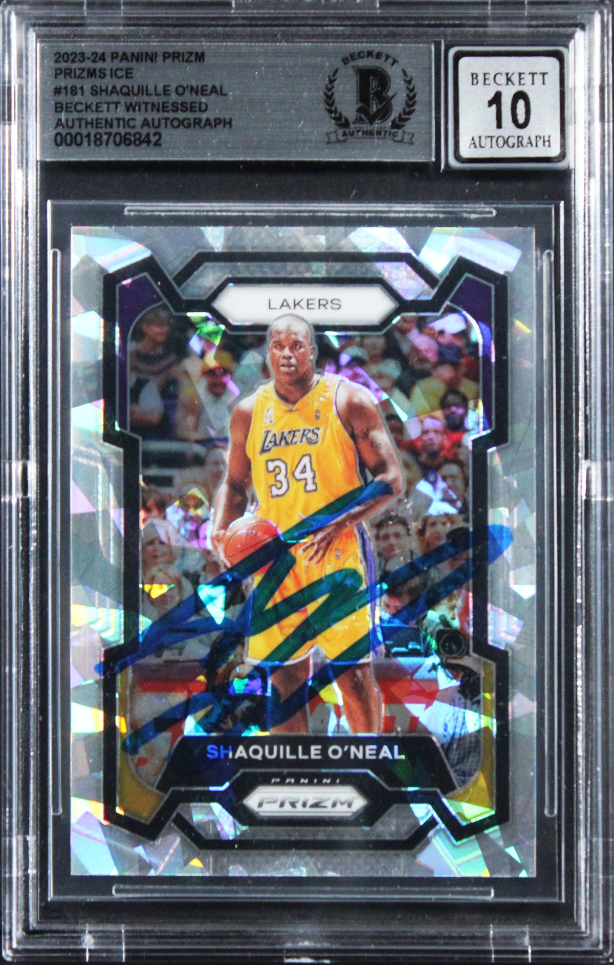 Lakers Shaquille O'Neal Signed 2023 Panini Prizm Ice #181 Card Auto 10! BAS Slab