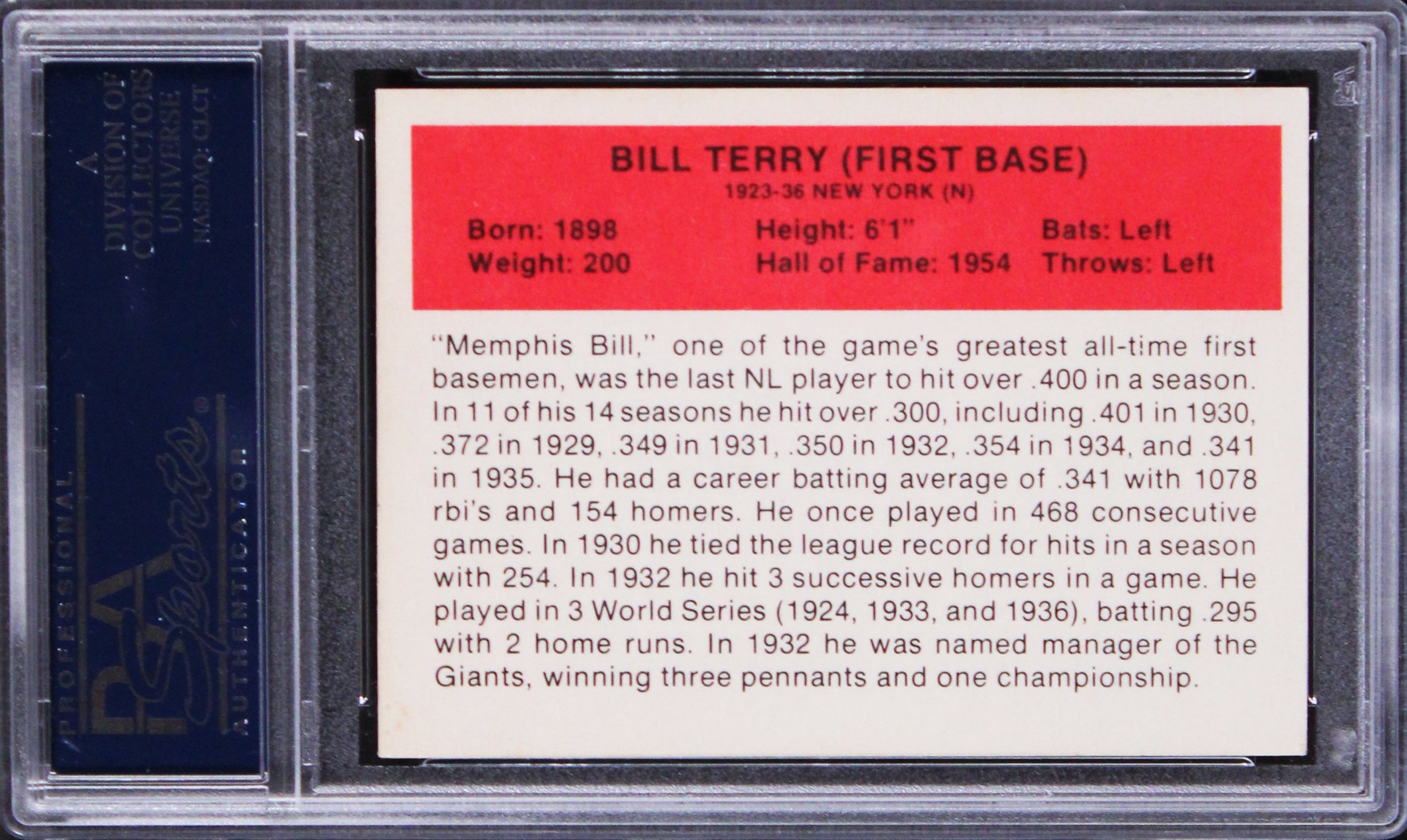 Giants Bill Terry Authentic Signed 1987 Baseball's All-Time Greats Card PSA Slab