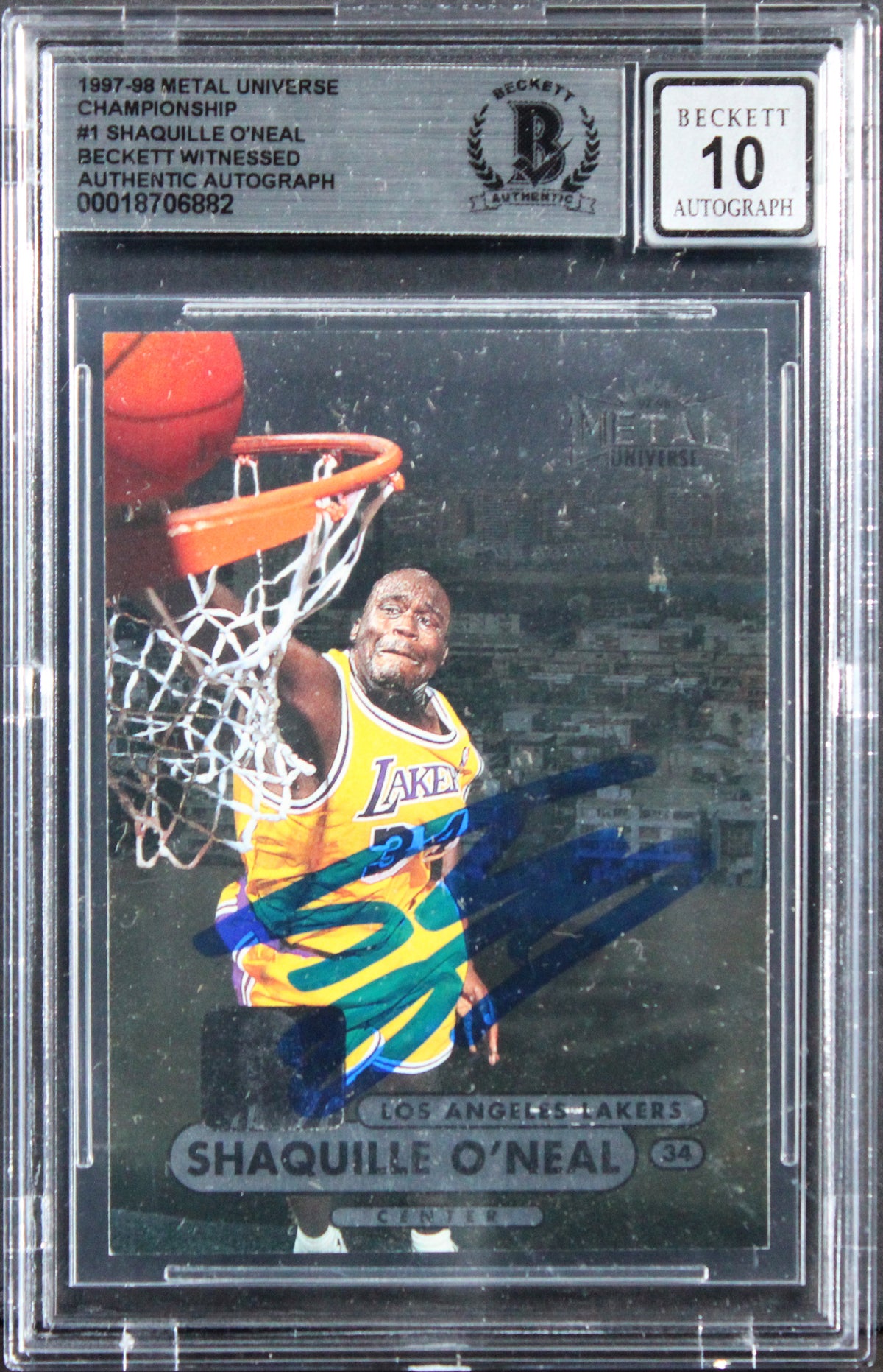 Shaquille O'Neal Signed 1997 Metal Universe C #1 Card Auto Grade 10! BAS Slabbed