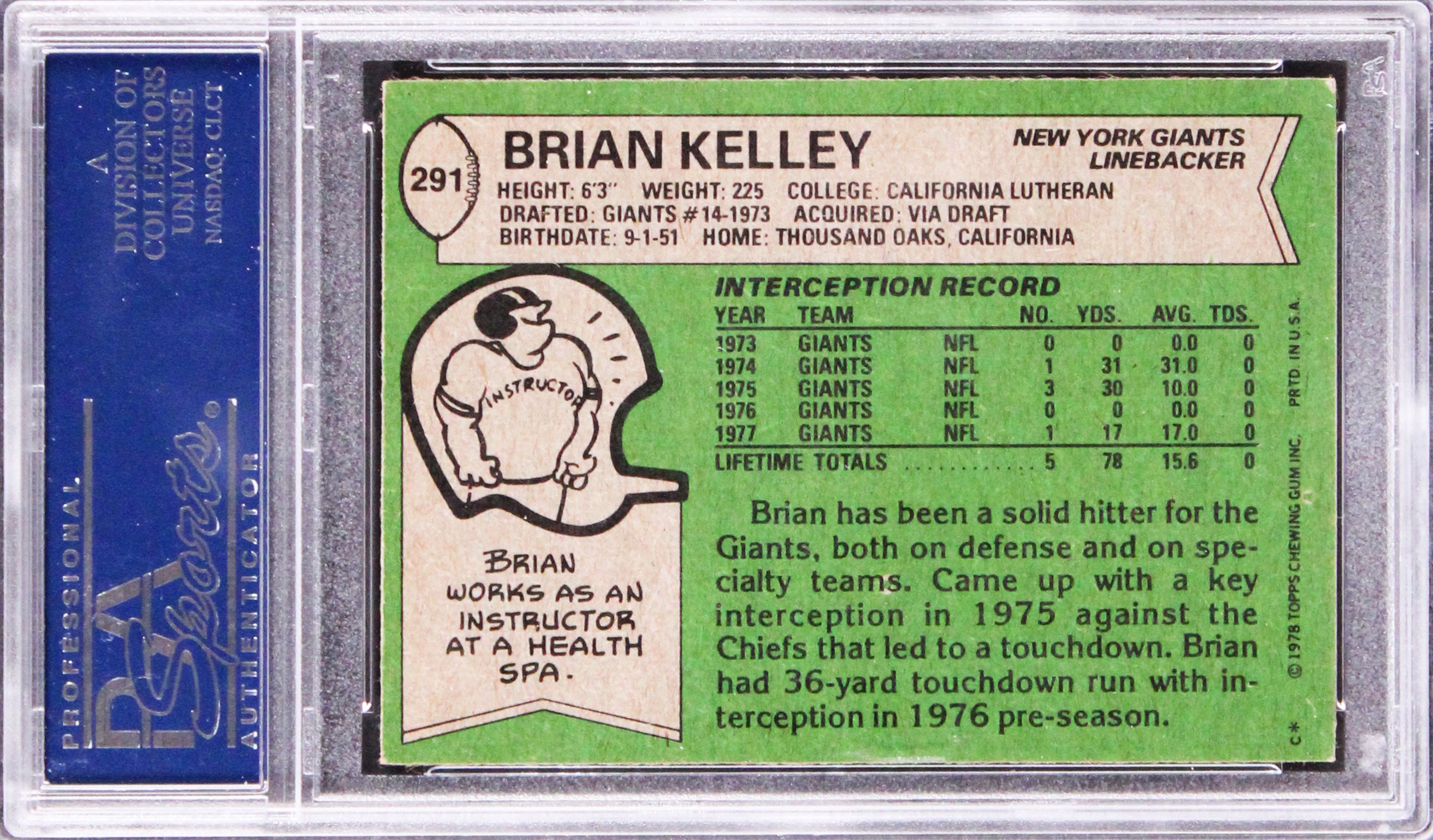 Giants Brian Kelley Authentic Signed 1978 Topps #291 Card PSA/DNA Slabbed