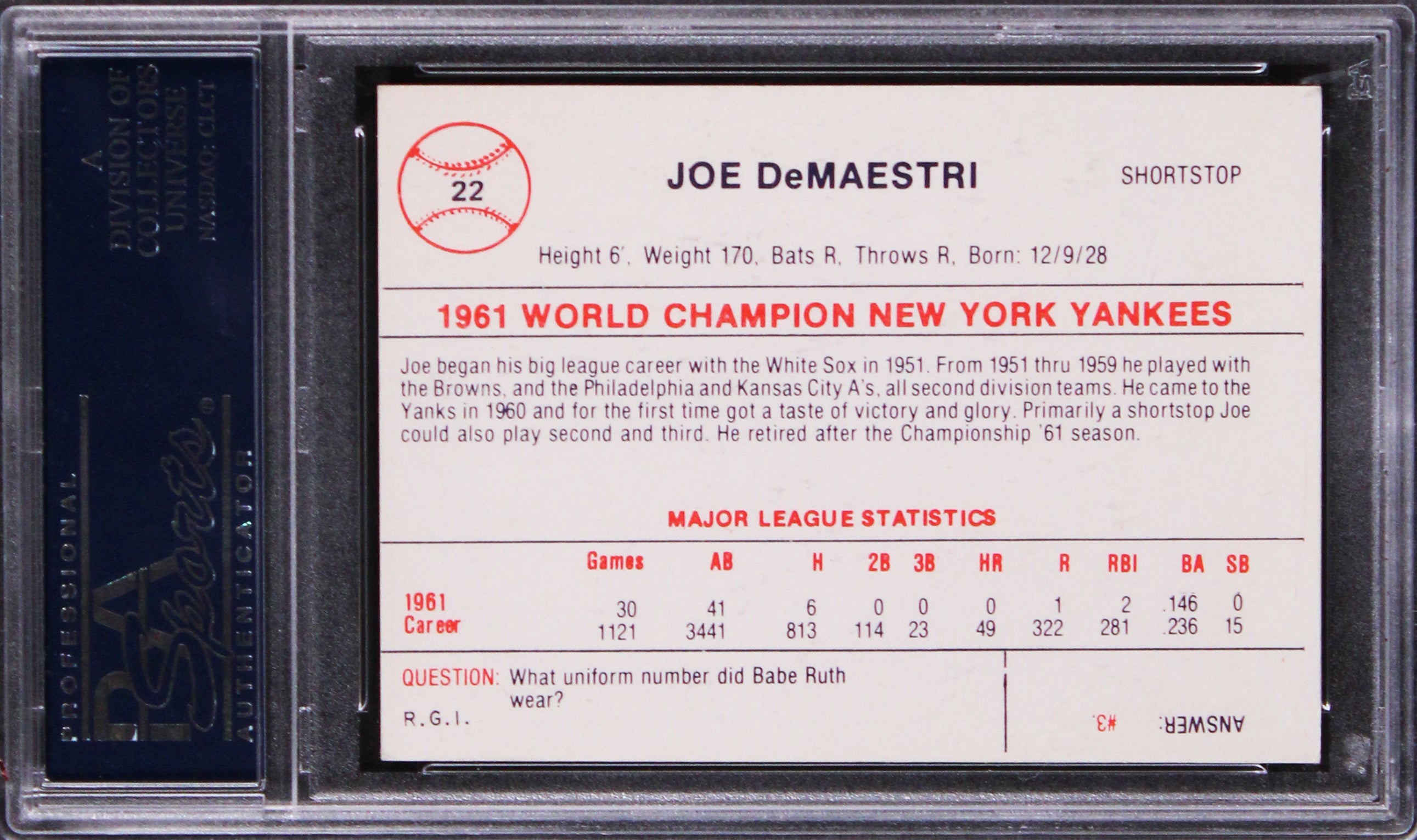 Yankees Joe DeMaestri Signed 1986 Renata Galasso '61 NYY #22 Card PSA/DNA Slab
