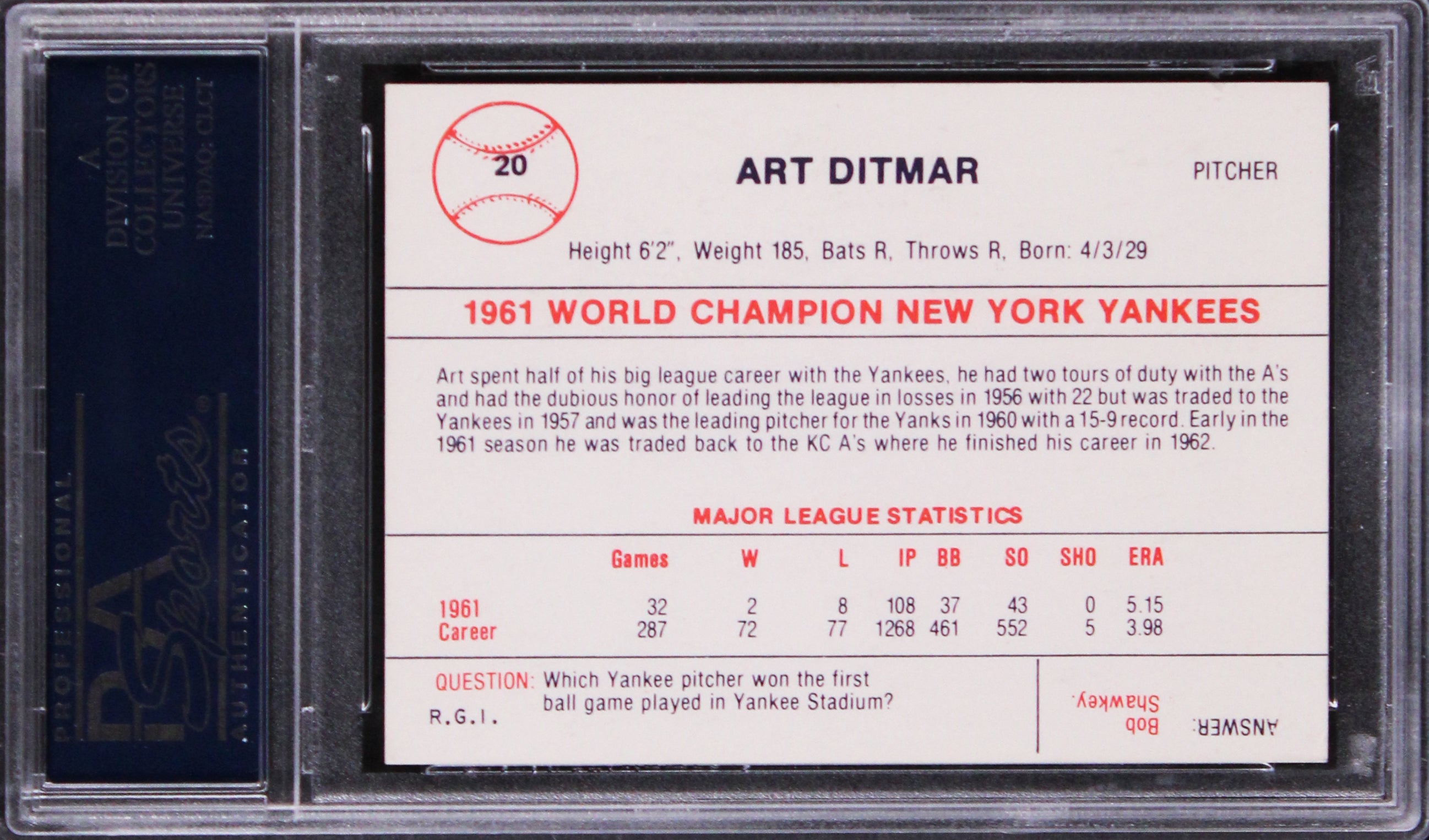 Yankees Art Ditmar Signed 1986 Renata Galasso '61 NYY #20 Card PSA/DNA Slabbed