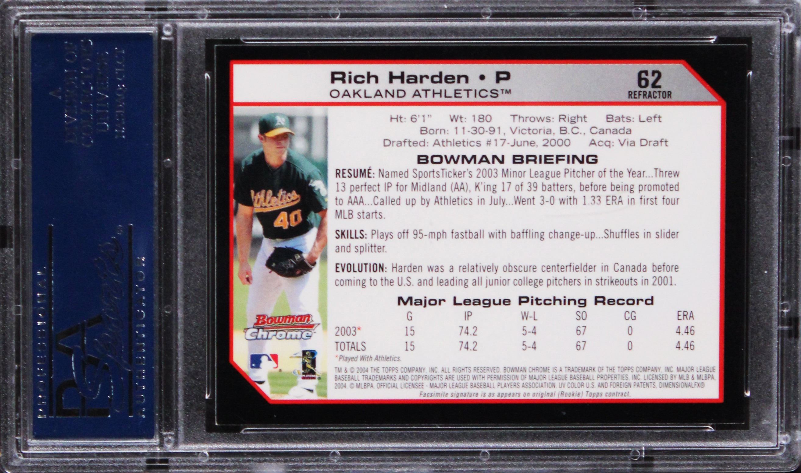 Athletics Rich Harden Authentic Signed 2004 Bowman Chrome #62 Card PSA/DNA Slab