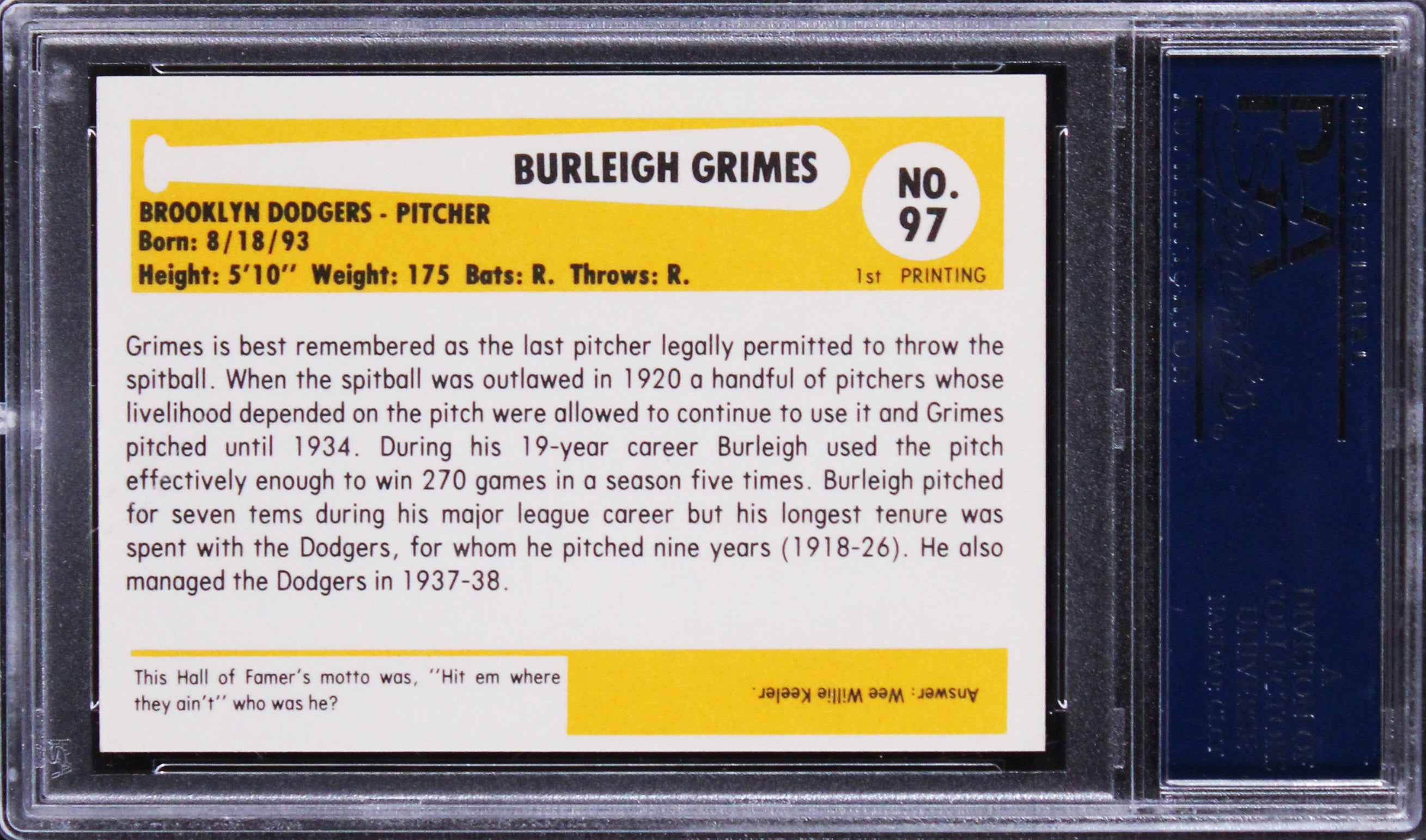 Dodgers Burleigh Grimes Signed 1980 Baseball Immortals #97 Card PSA/DNA Slabbed