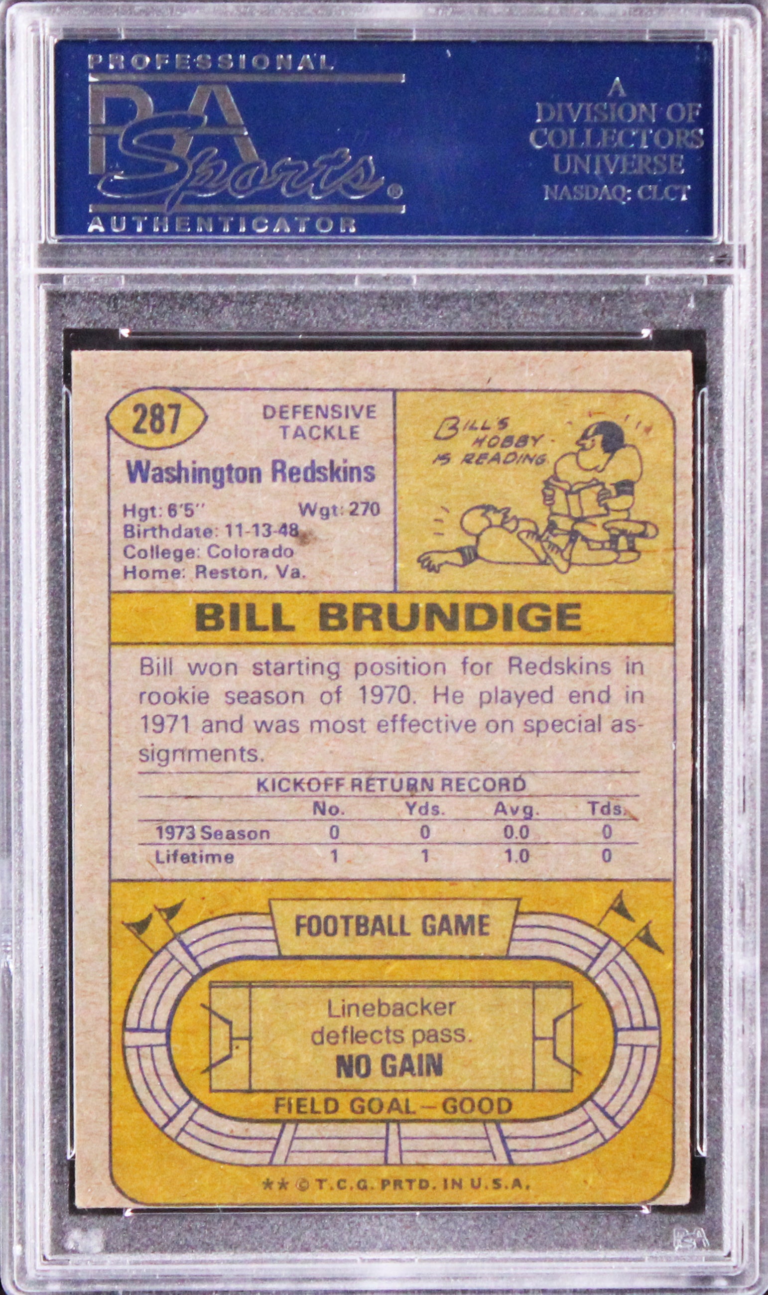 Redskins Bill Brundige Authentic Signed 1974 Topps #287 Card PSA/DNA Slabbed