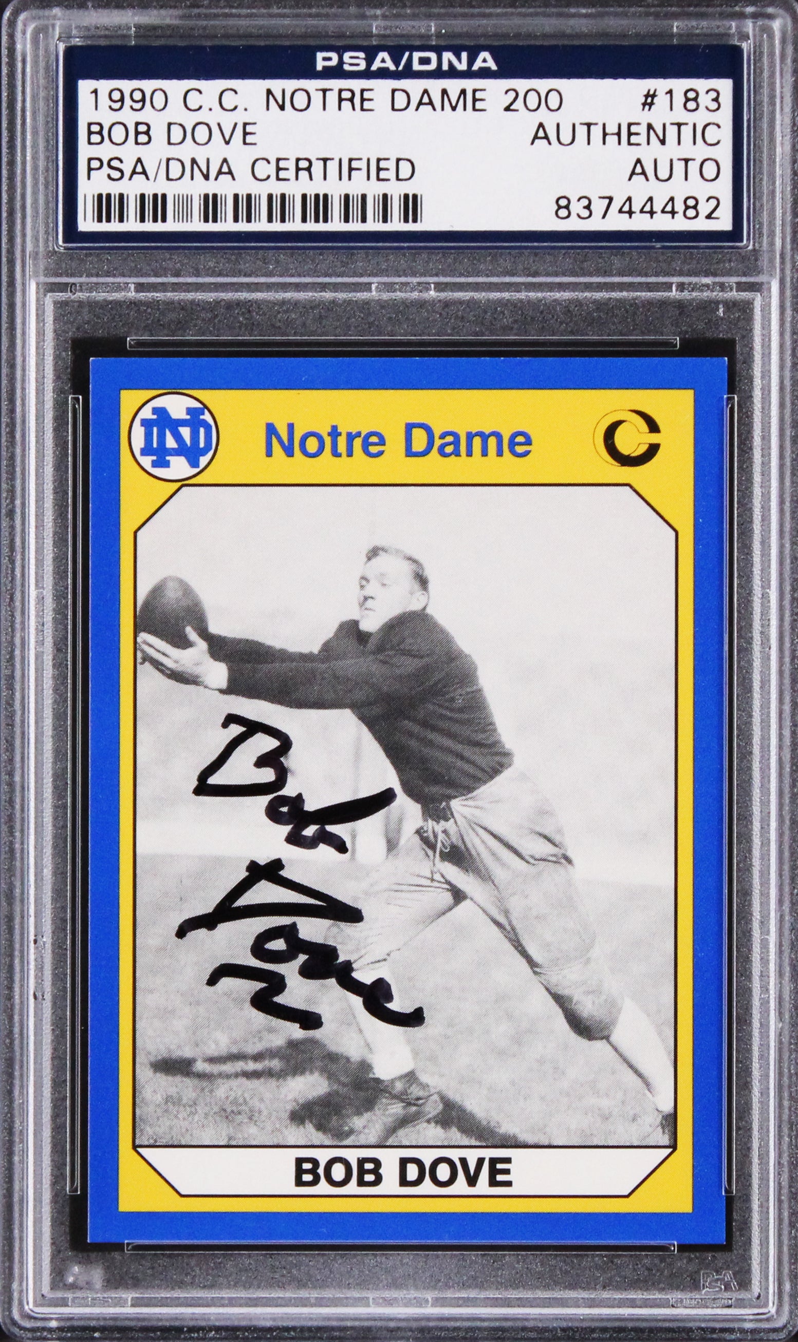 Notre Dame Bob Cove Signed 1990 C.C. Notre Dame 200 #183 Card PSA/DNA Slabbed