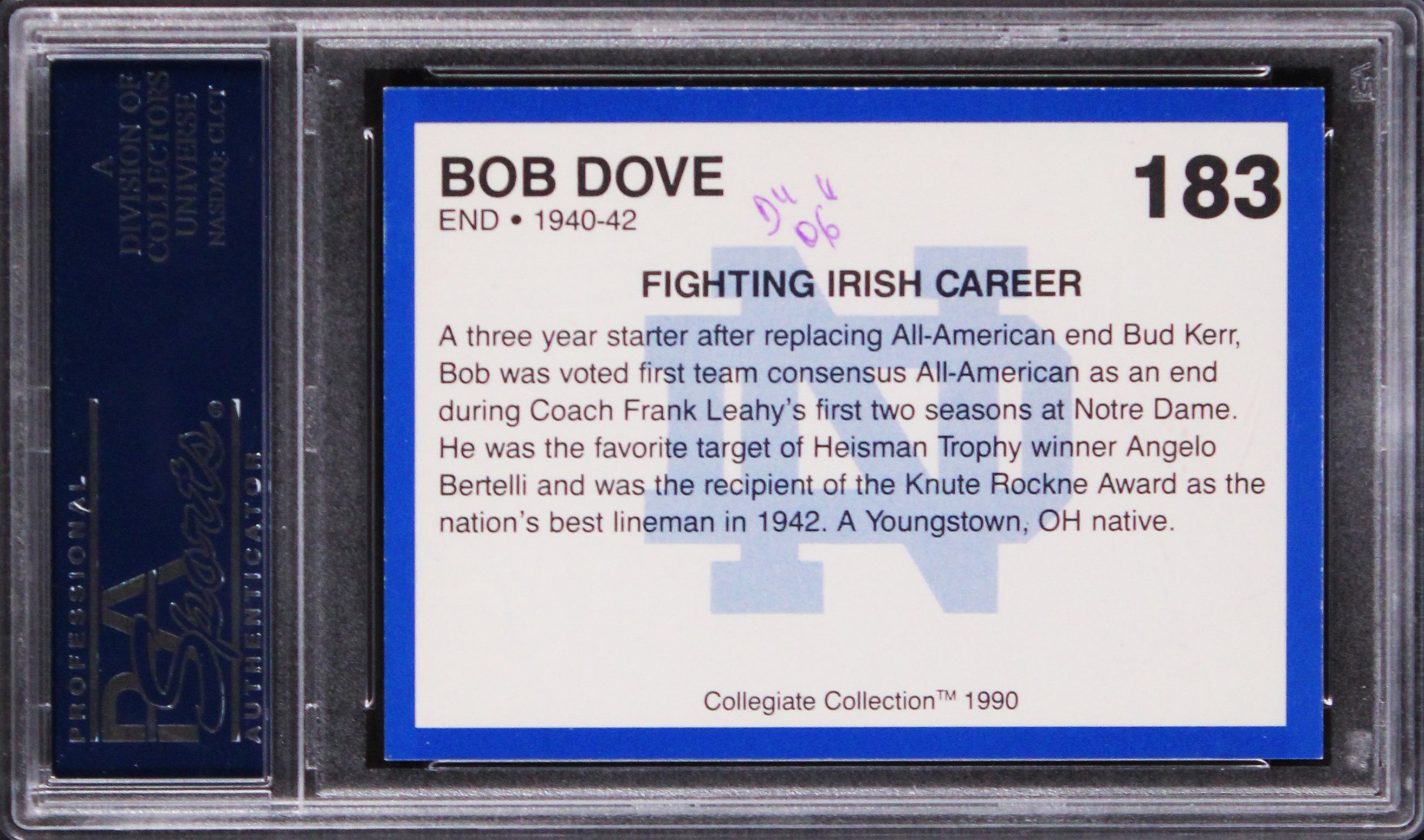 Notre Dame Bob Cove Signed 1990 C.C. Notre Dame 200 #183 Card PSA/DNA Slabbed
