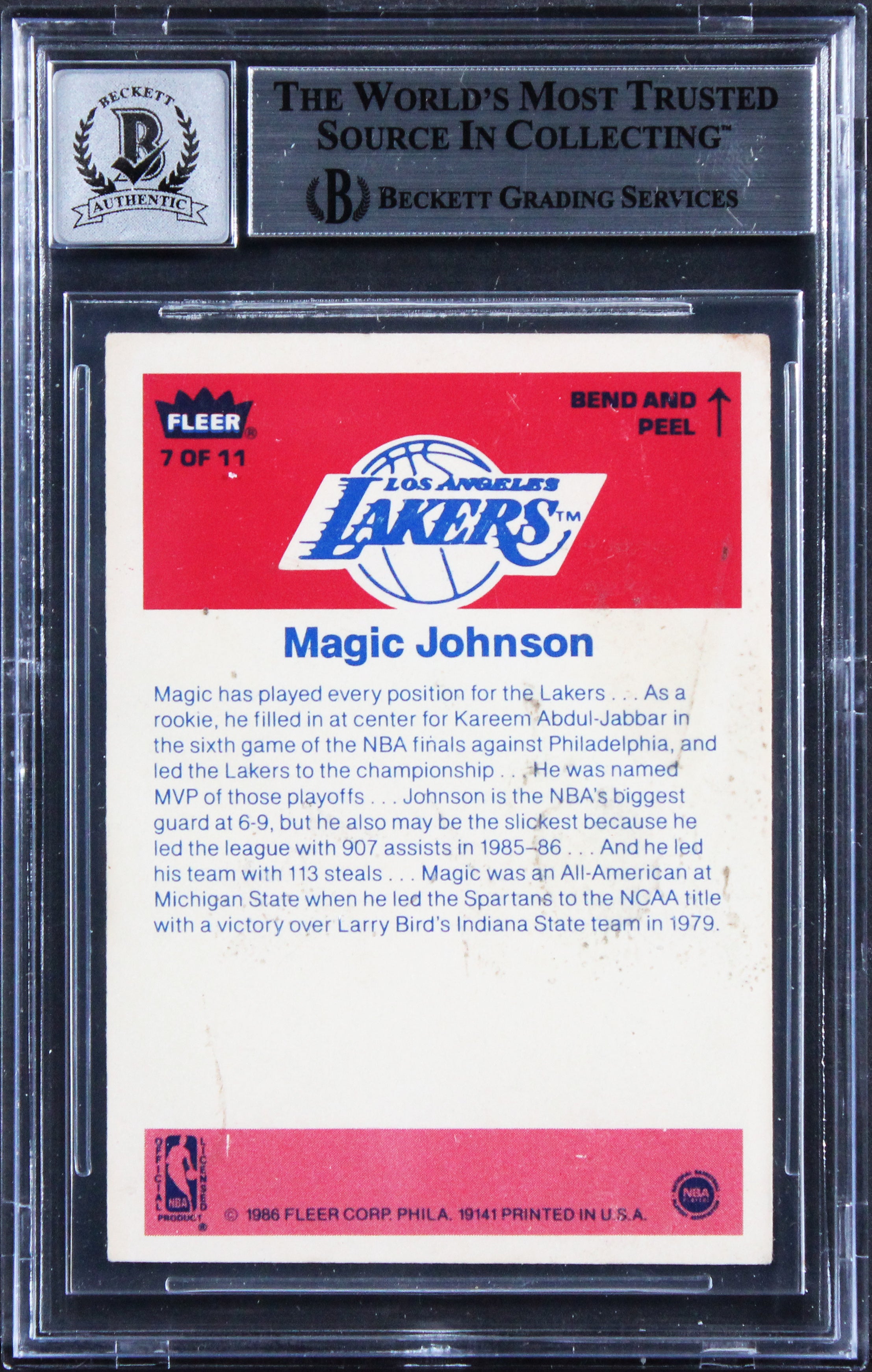 Lakers Magic Johnson Signed 1986 Fleer Stickers #7 Card Auto GM 10! BAS Slabbed