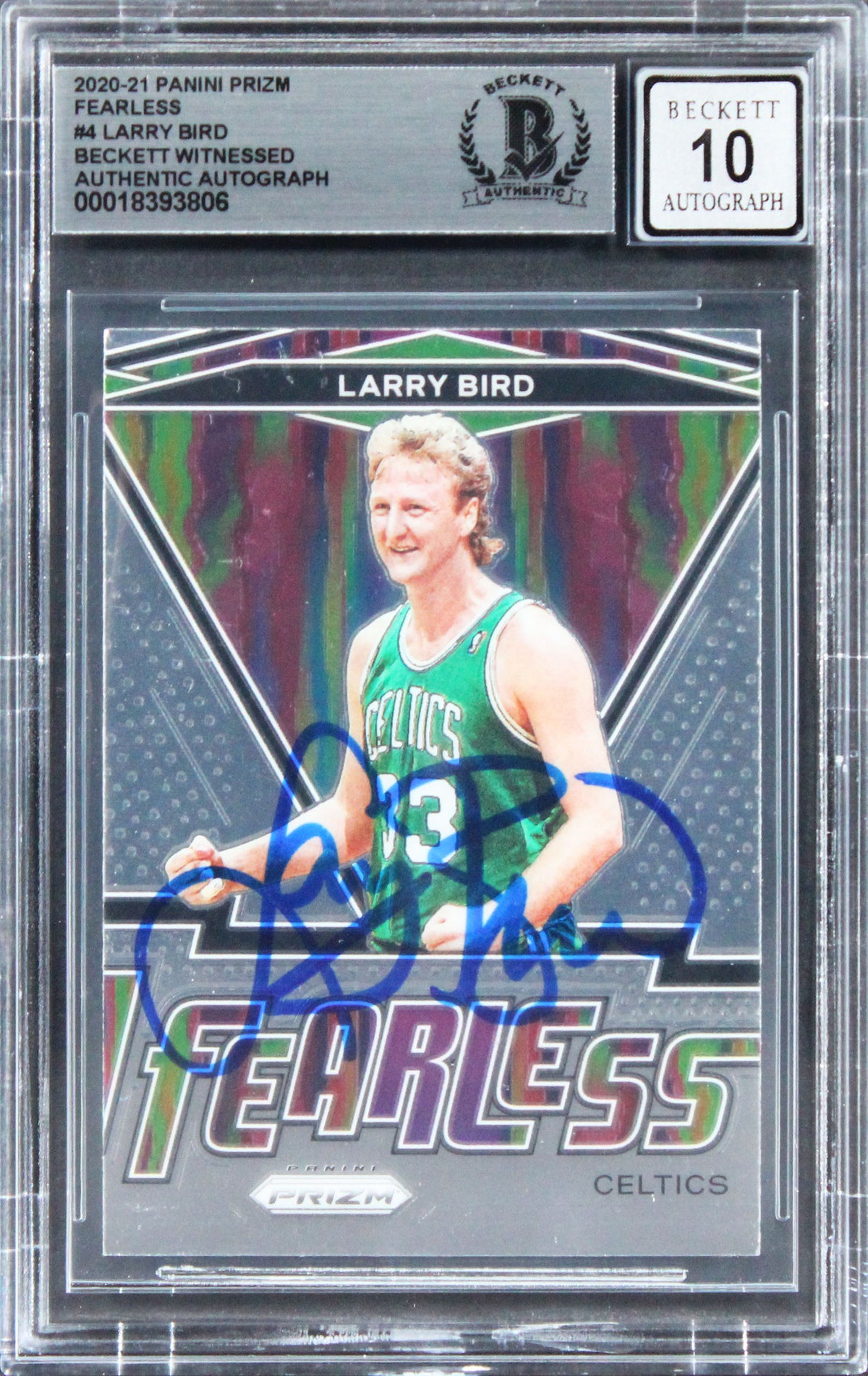 Celtics Larry Bird Signed 2020 Panini Prizm Fearless #4 Card Auto 10! BAS Slab