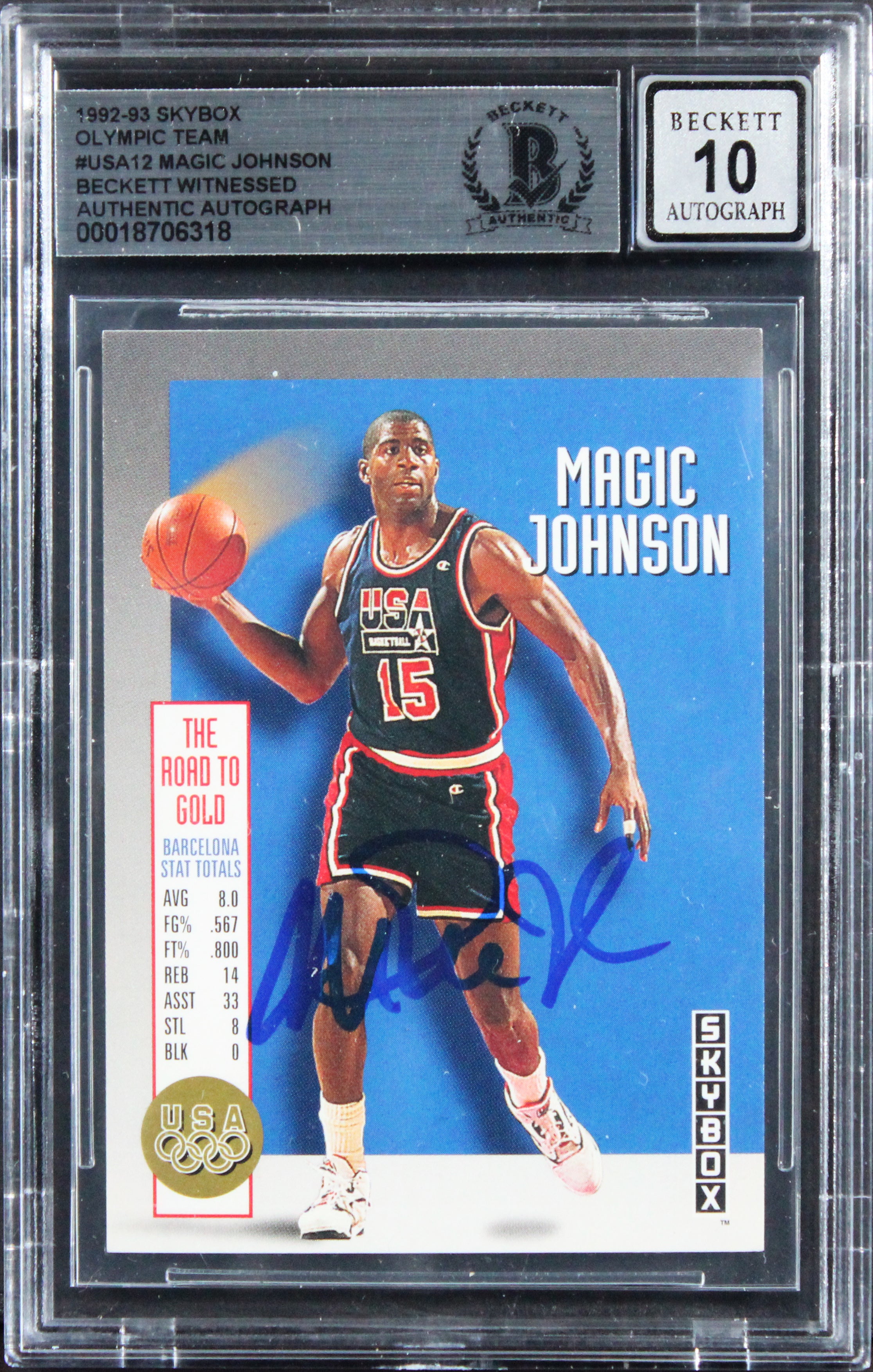 Magic Johnson Signed 1992 Skybox Olympic Team #USA12 Card Auto 10! BAS Slabbed