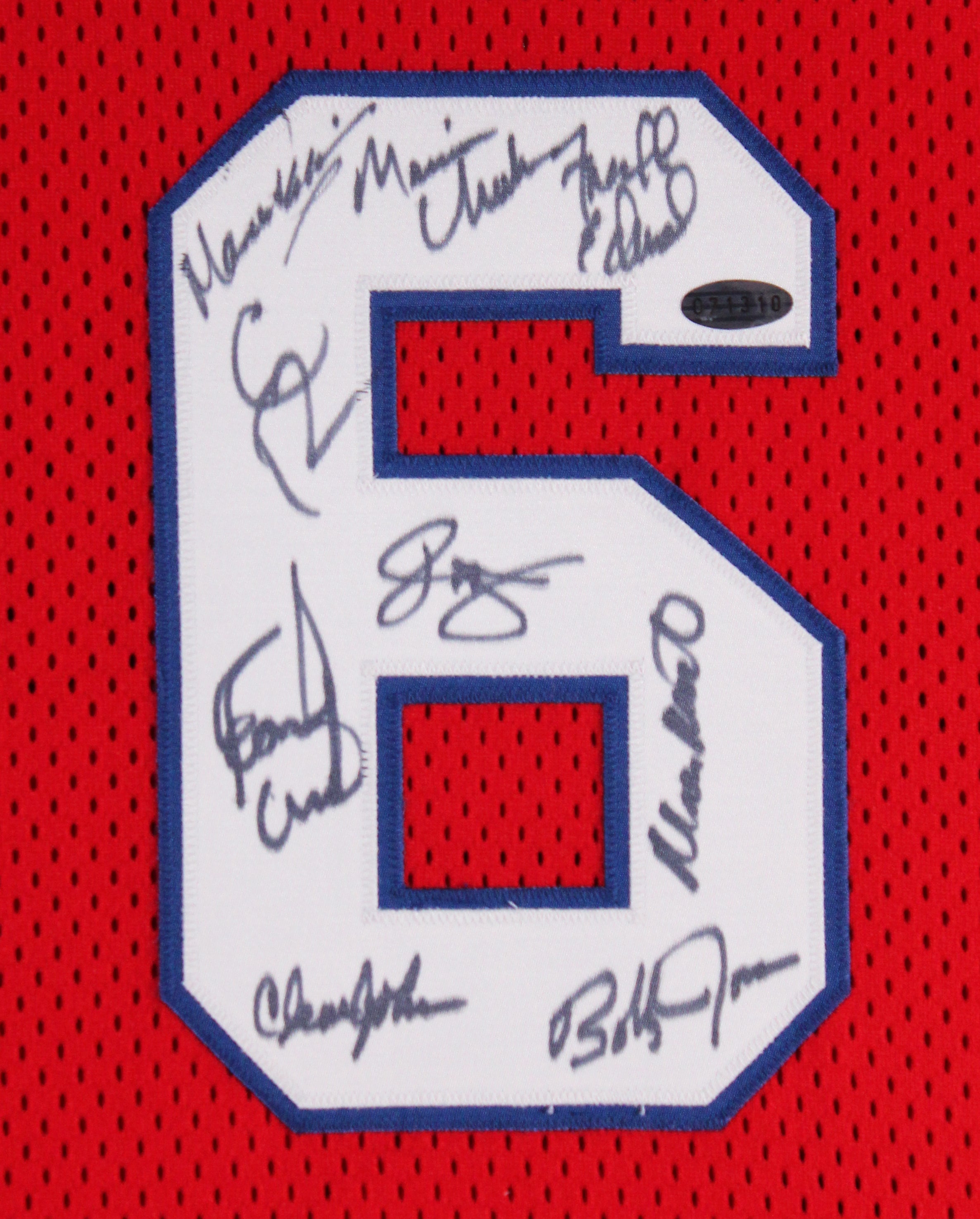 1982-83 76ers (9) Erving, Malone, Cheeks Signed Red M&N Framed Jersey Steiner