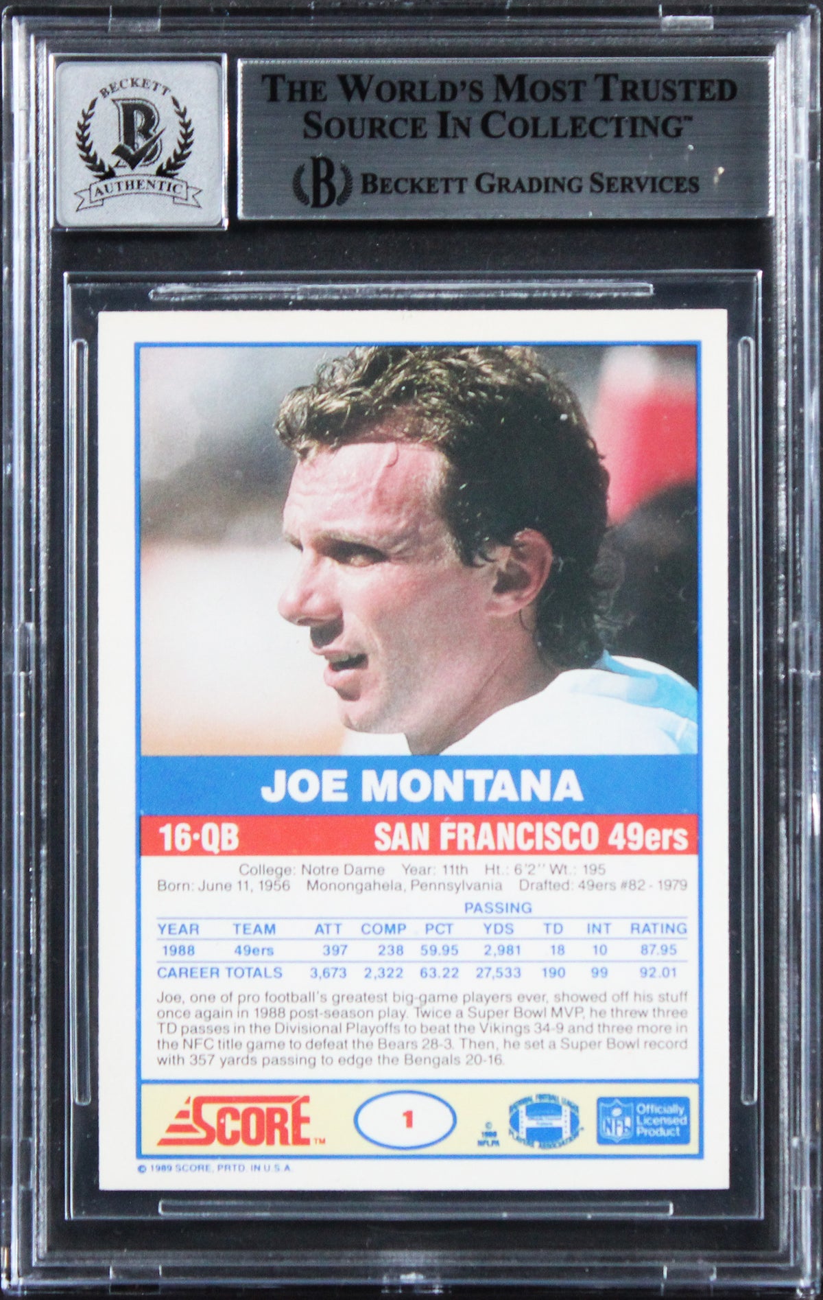 49ers Joe Montana Signed 1988 Score #1 Card Auto Graded Gem Mint 10! BAS Slabbed