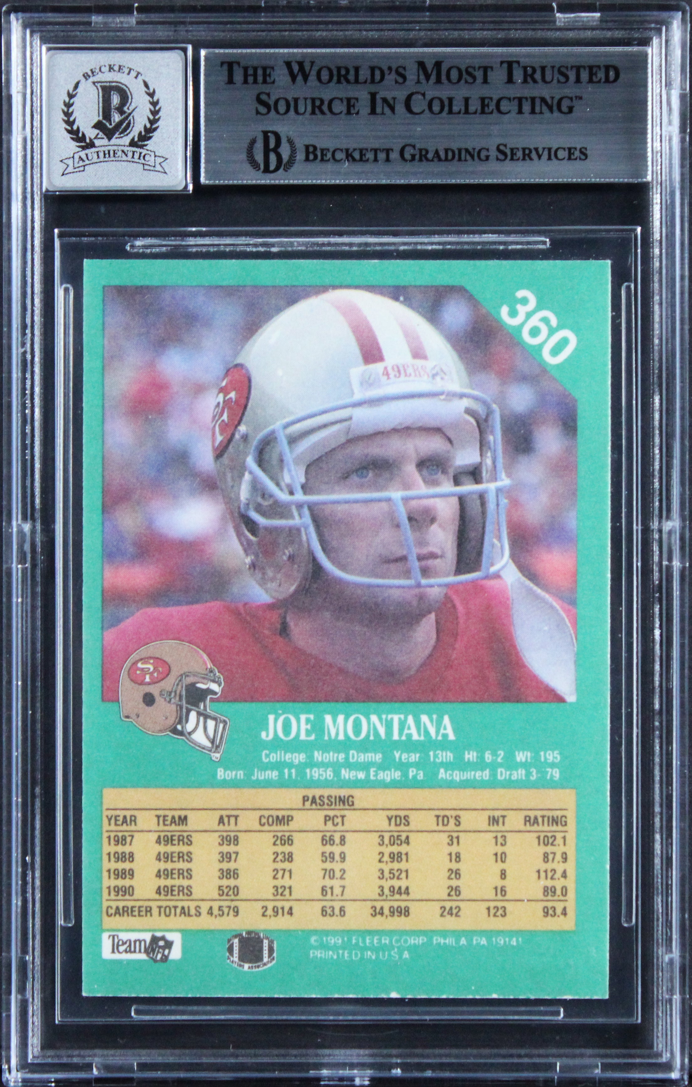 49ers Joe Montana Signed 1991 Fleer #360 Card Auto Graded Mint 10! BAS Slabbed