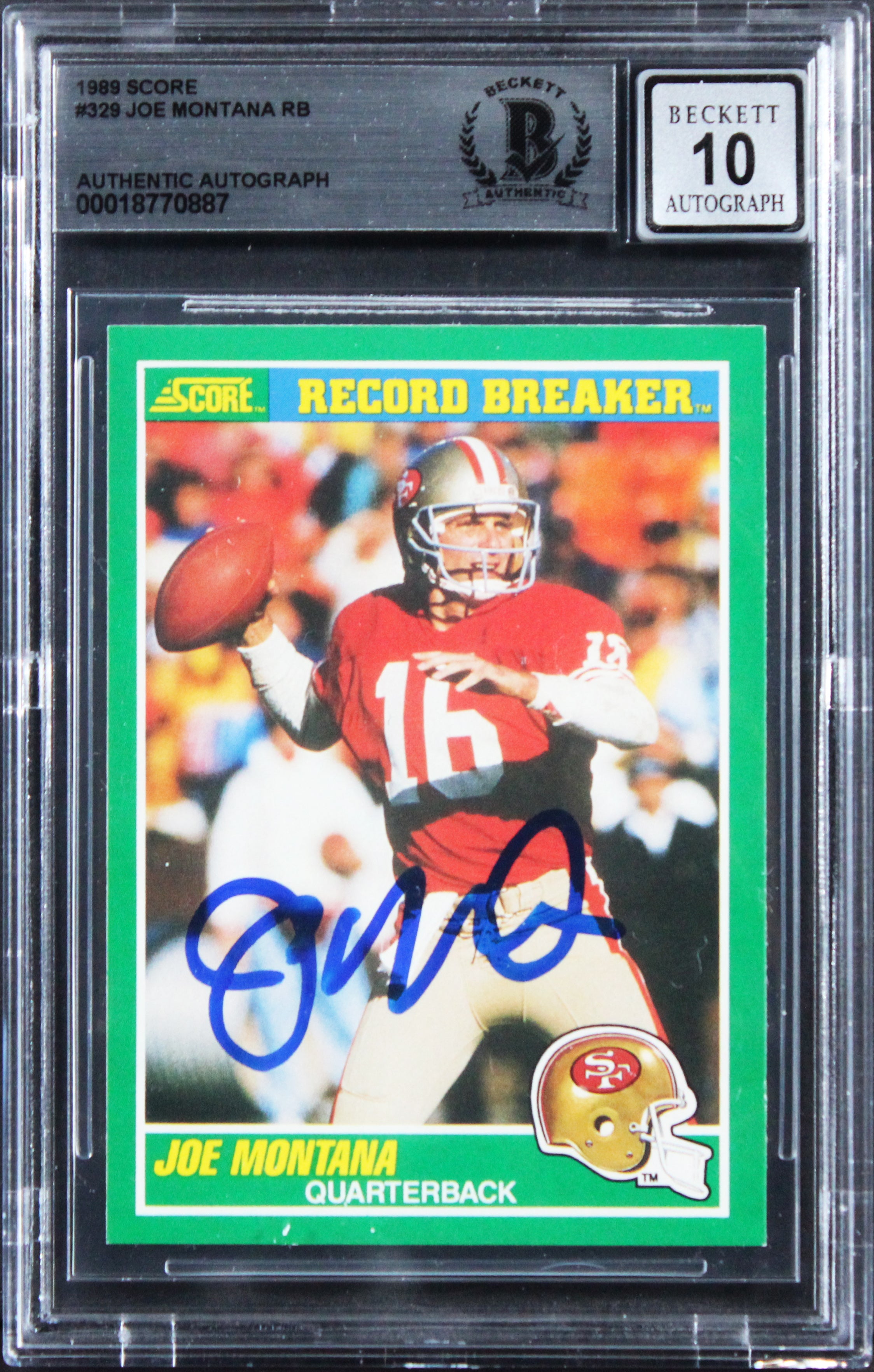 49ers Joe Montana Signed 1989 Score #329 Card Auto Graded Gem Mint 10! BAS Slab