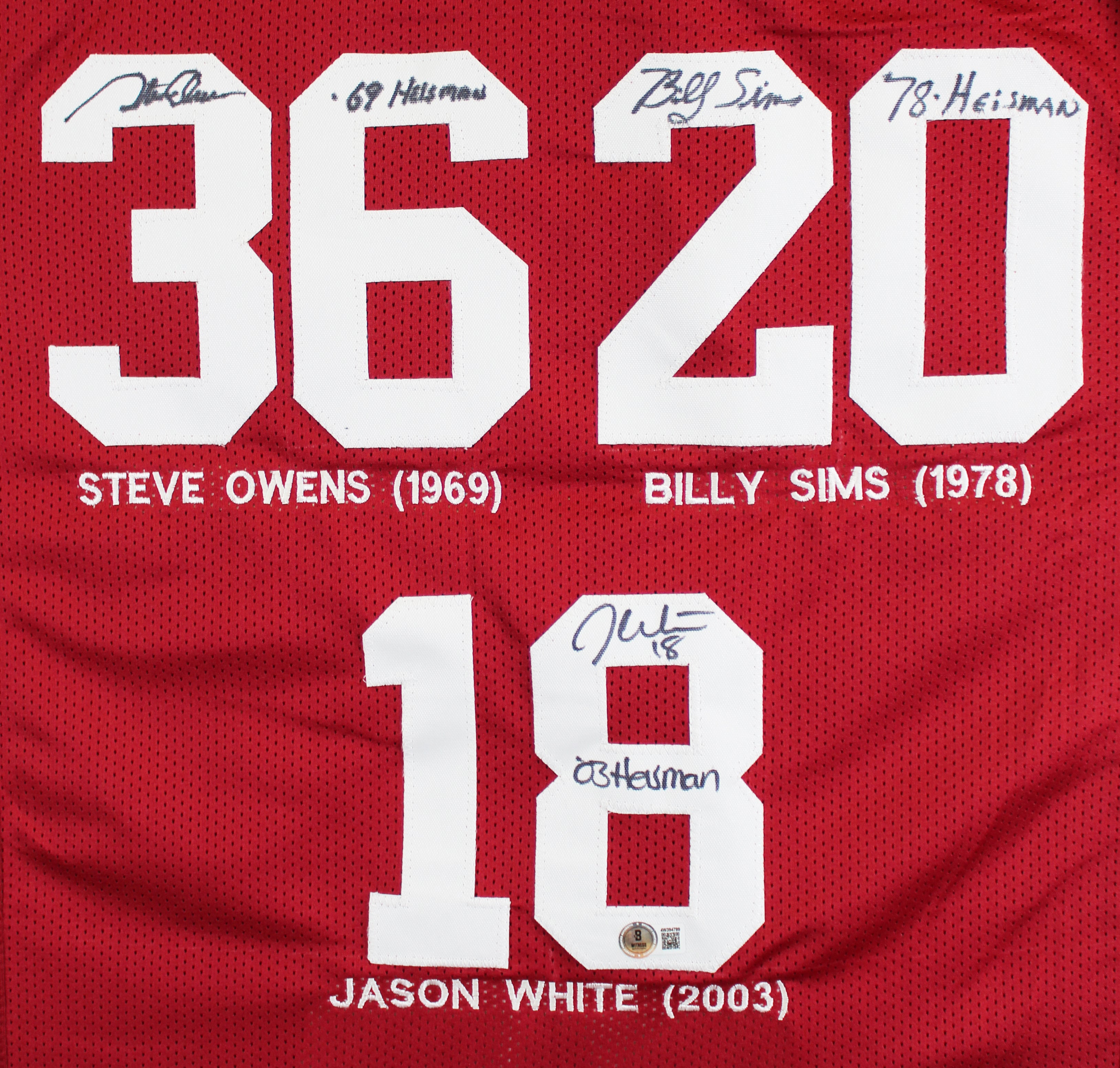 OU Heisman (3) Sims, White & Owens Signed Signed Maroon Pro Style Jersey BAS Wit