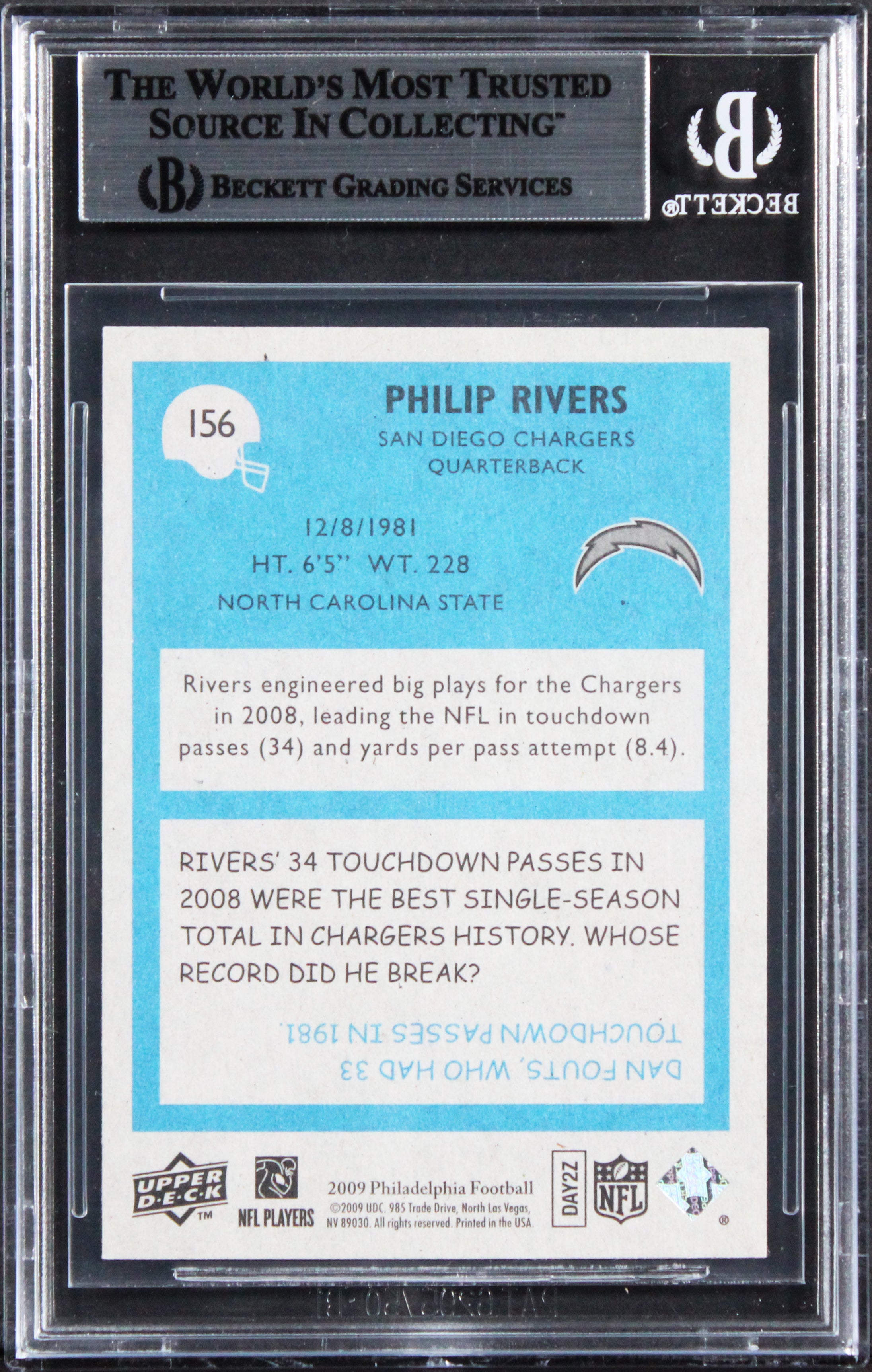 Chargers Philip Rivers Authentic Signed 2009 Philadelphia #156 Card BAS Slabbed