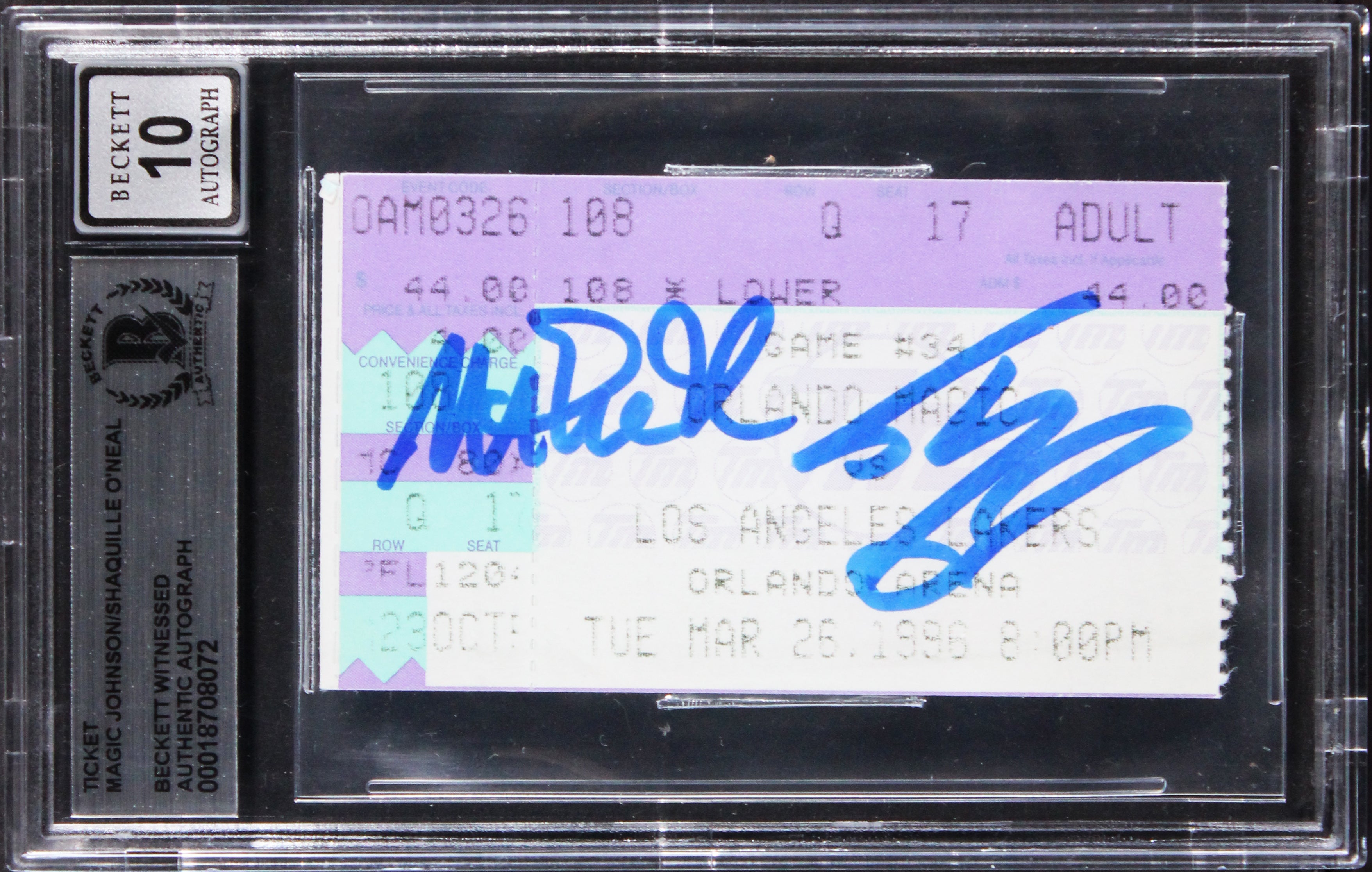 Shaq & Magic Signed 1996 Magic VS Lakers Ticket Stub Auto 10! BAS Slabbed