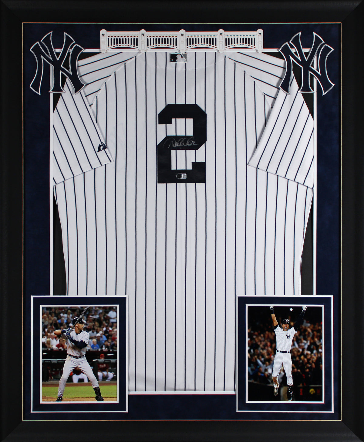 Yankees Derek Jeter Signed White Pinstripe Majestic Framed Jersey BAS #AE64199