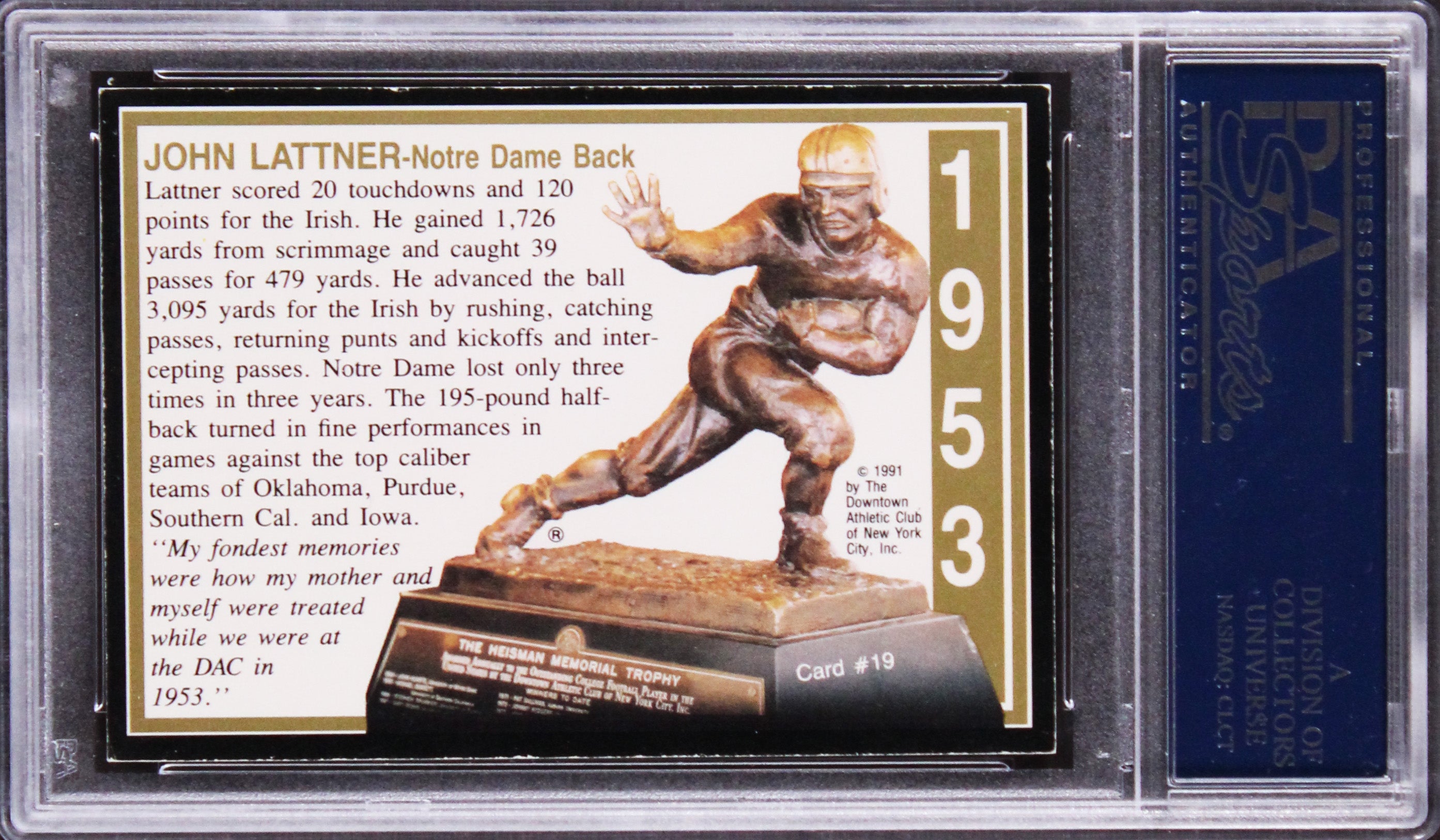 John Lattner Authentic Signed 1991 Heisman Collection I #19 Card PSA/DNA Slabbed