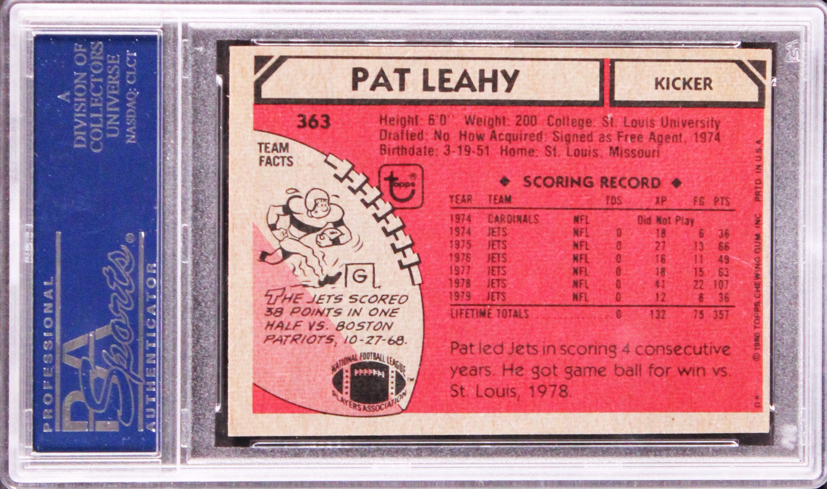 Jets Pat Leahy Authentic Signed 1980 Topps #363 Card PSA/DNA Slabbed
