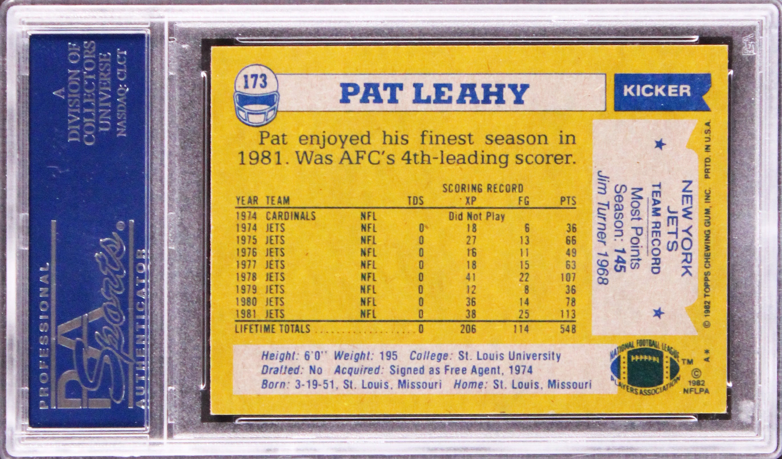 Jets Pat Leahy Authentic Signed 1982 Topps #173 Card PSA/DNA Slabbed