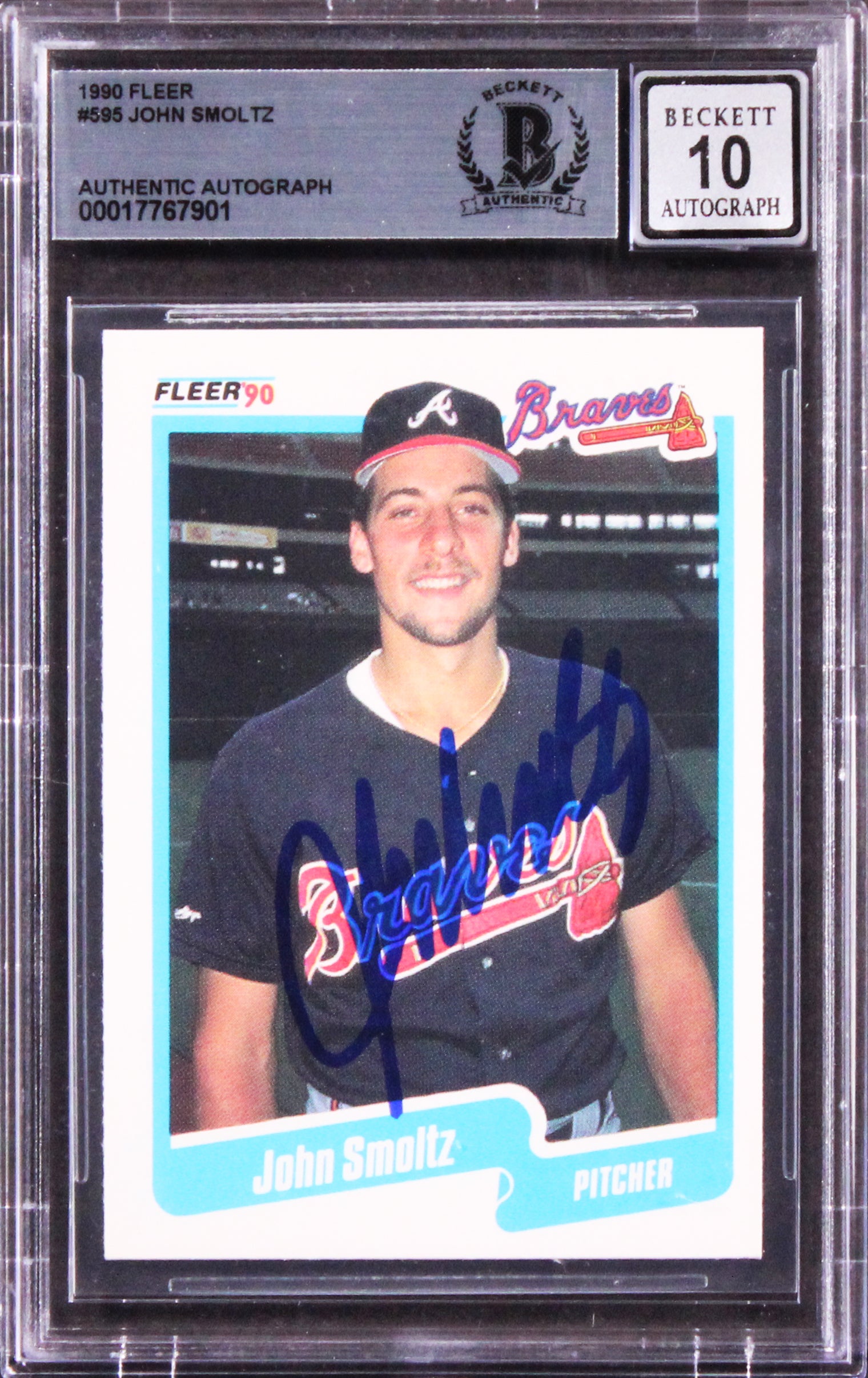 Braves John Smoltz Signed 1990 Fleer #595 Card Auto Graded Gem Mint 10! BAS Slab