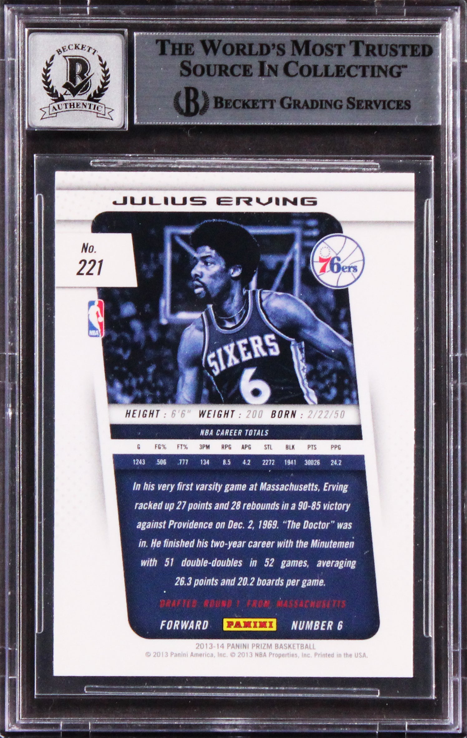 76ers Julius Erving Signed 2013 Panini Prizm #221 Card Auto Gem 10! BAS Slabbed