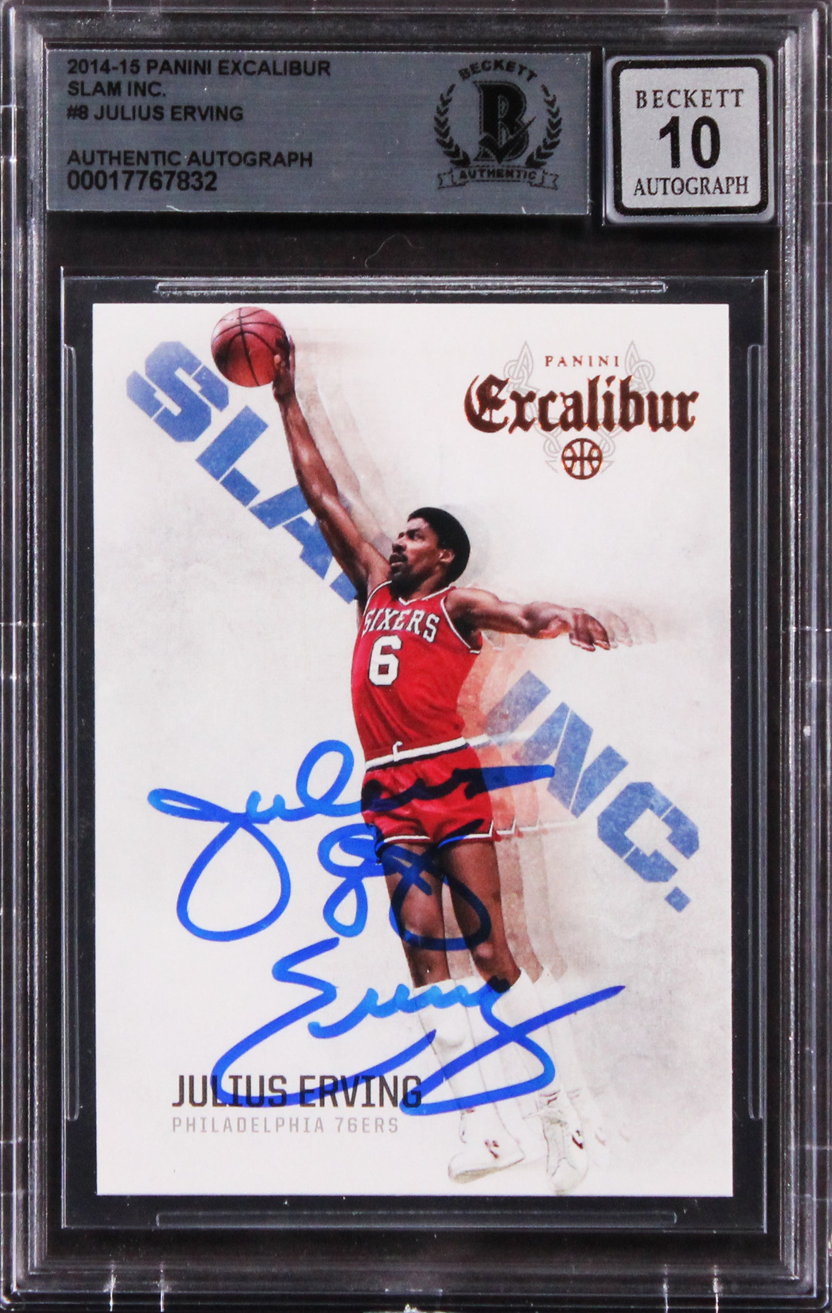 76ers Julius Erving Signed 2014 Panini Excalibur Slam Inc. Card Auto 10 BAS Slab
