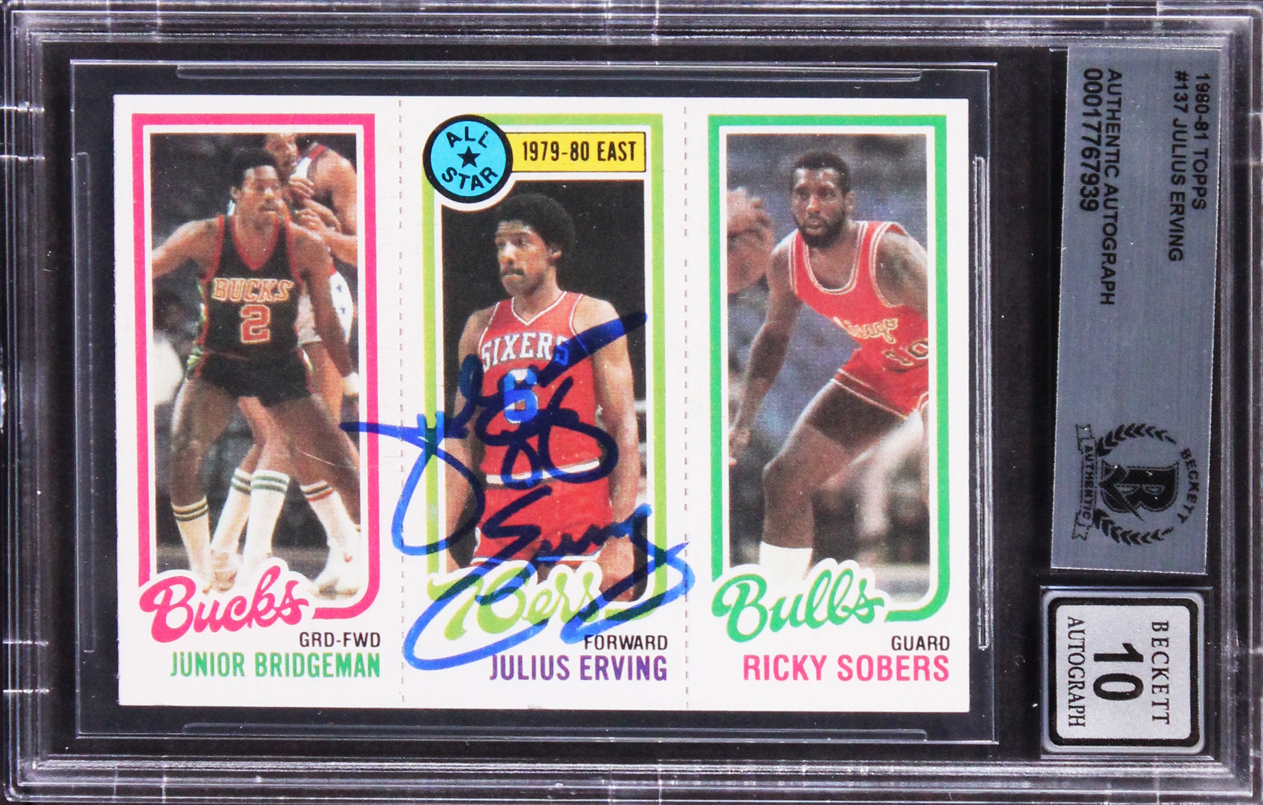 76ers Julius Erving Signed 1980 Topps #137 Card Auto Gem Mint 10! BAS Slabbed