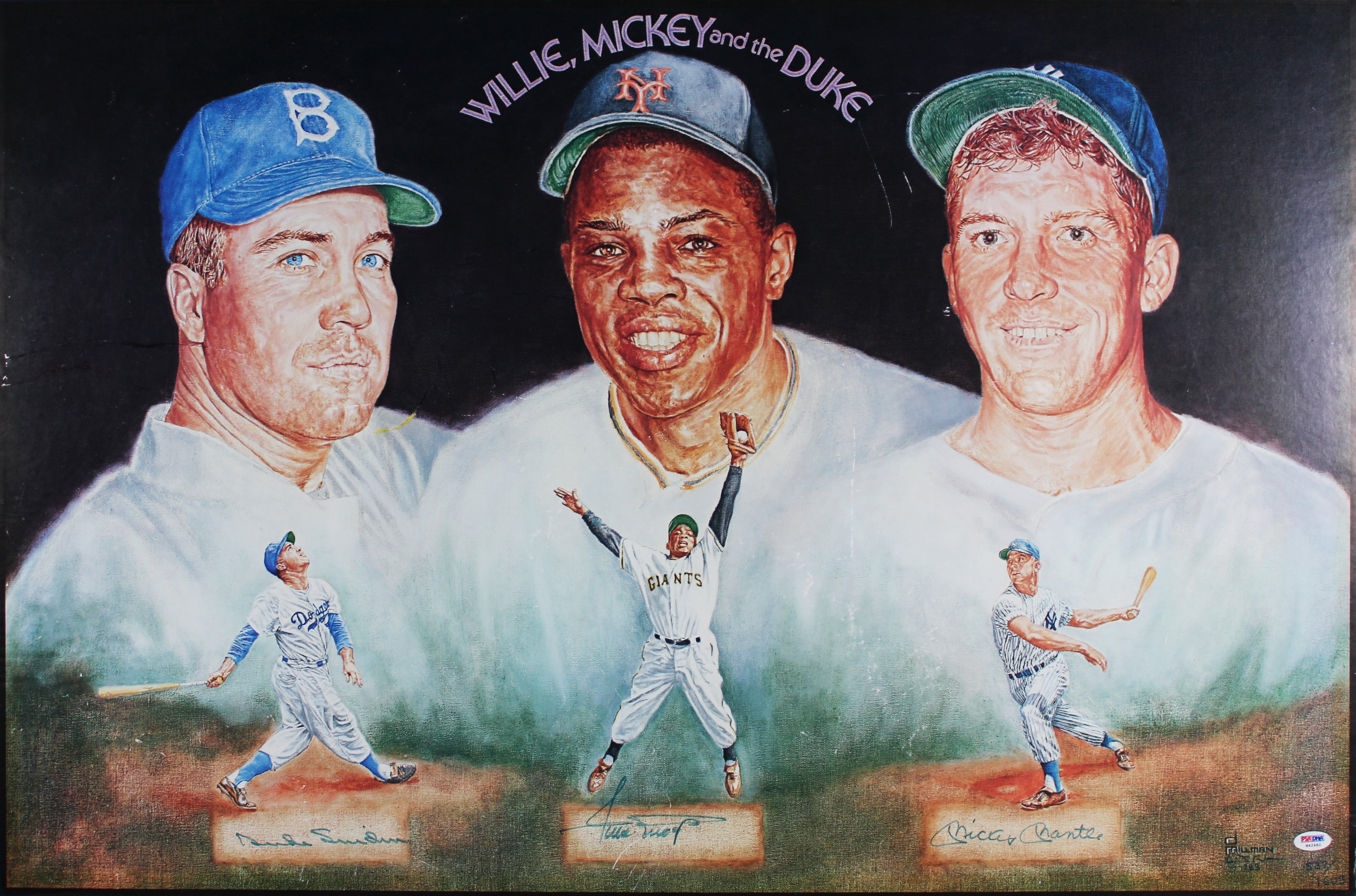 Mickey Mantle, Willie Mays & Duke Snider Signed & Framed 24x36 Lithograph PSA