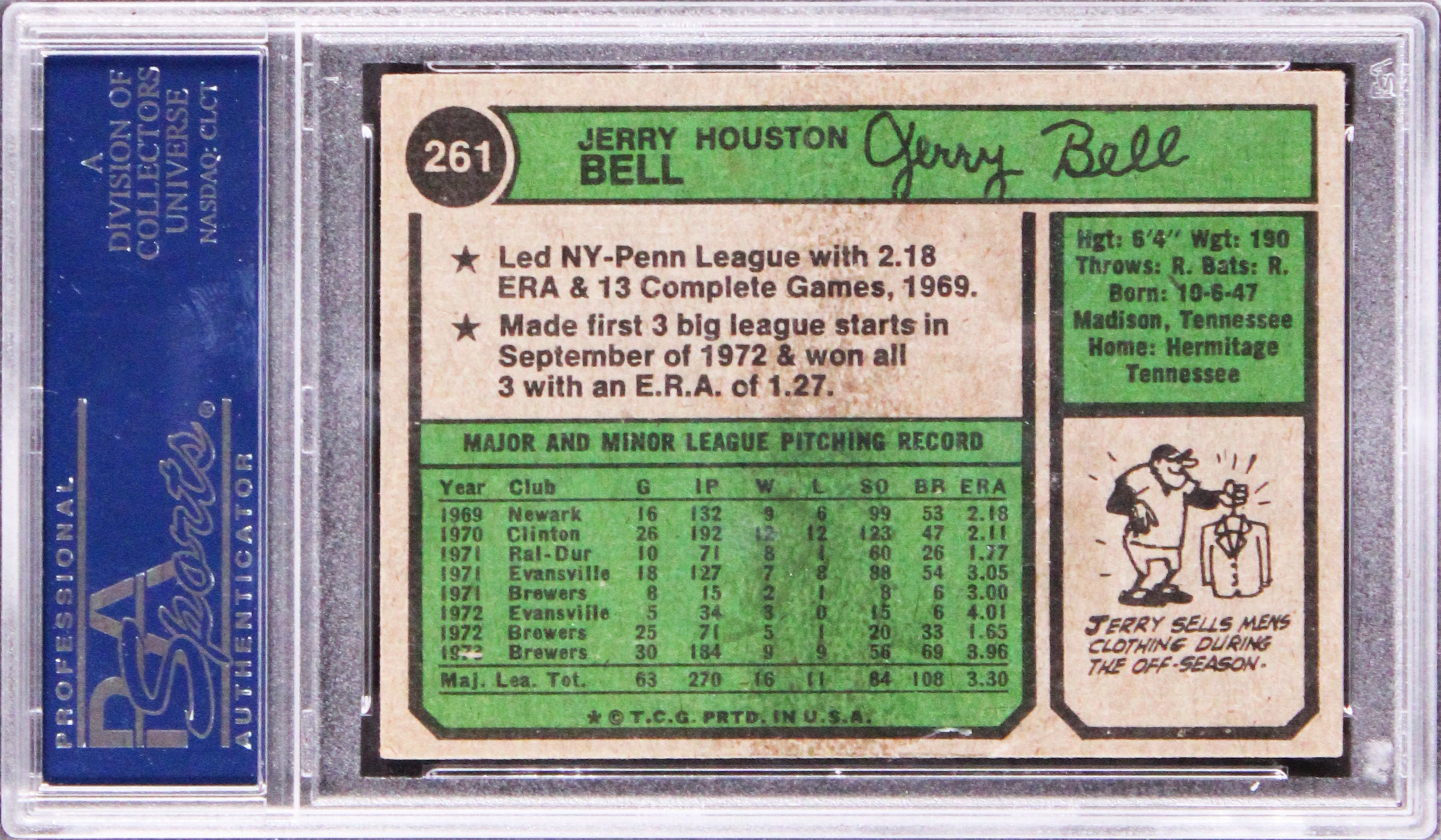 Brewers Jerry Bell Authentic Signed 1974 Topps #261 Card PSA/DNA Slabbed