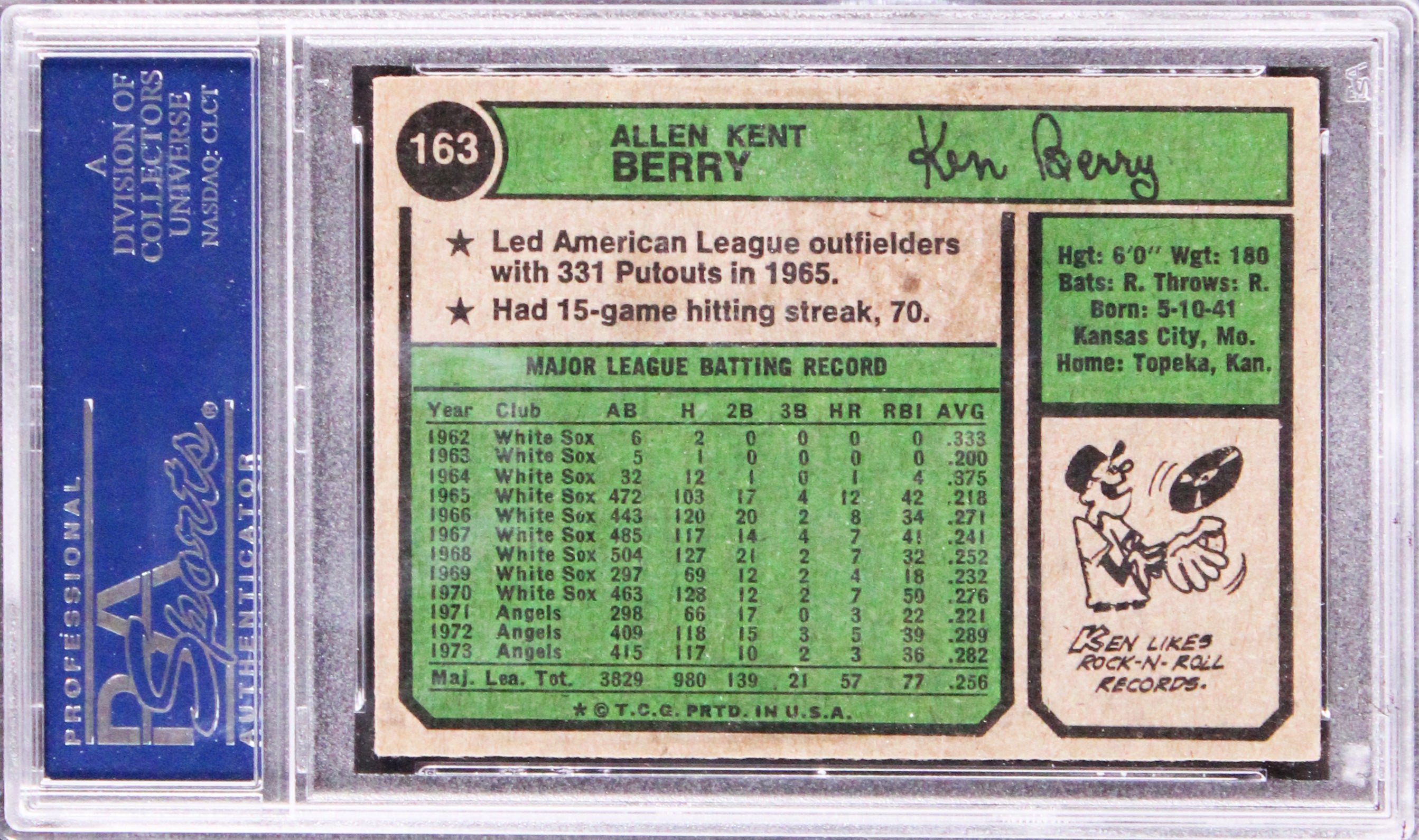 Brewers Ken Berry Authentic Signed 1974 Topps #163 Card PSA/DNA Slabbed