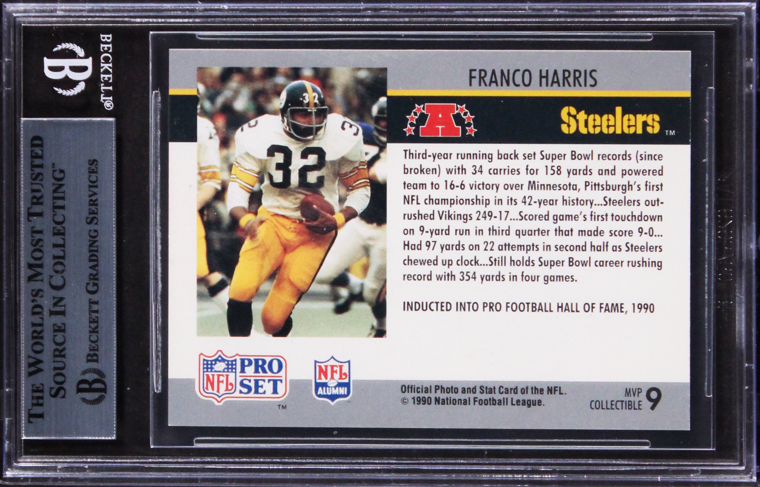 Steelers Franco Harris Signed 1990 Pro Set Super Bowl MVP'S #9 Card BAS Slabbed