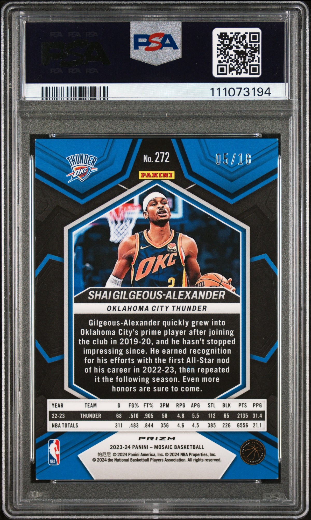 Shai Gilgeous-Alexander Signed 2023 Mosaic Green #272 #5/18 Card Auto 9 PSA Slab