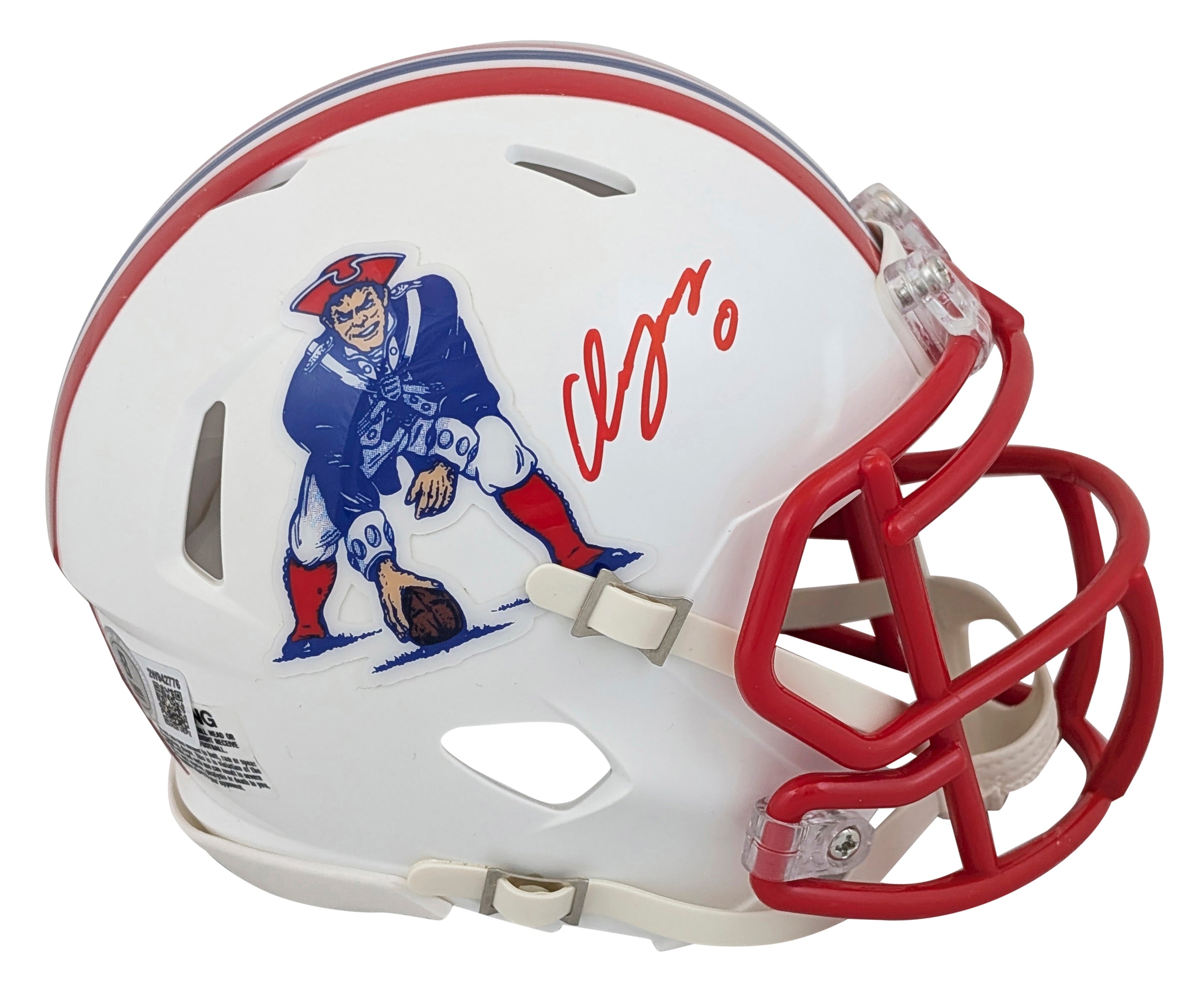 Patriots Christian Gonzalez Signed 1990-92 TB Speed Mini Helmet BAS Witnessed