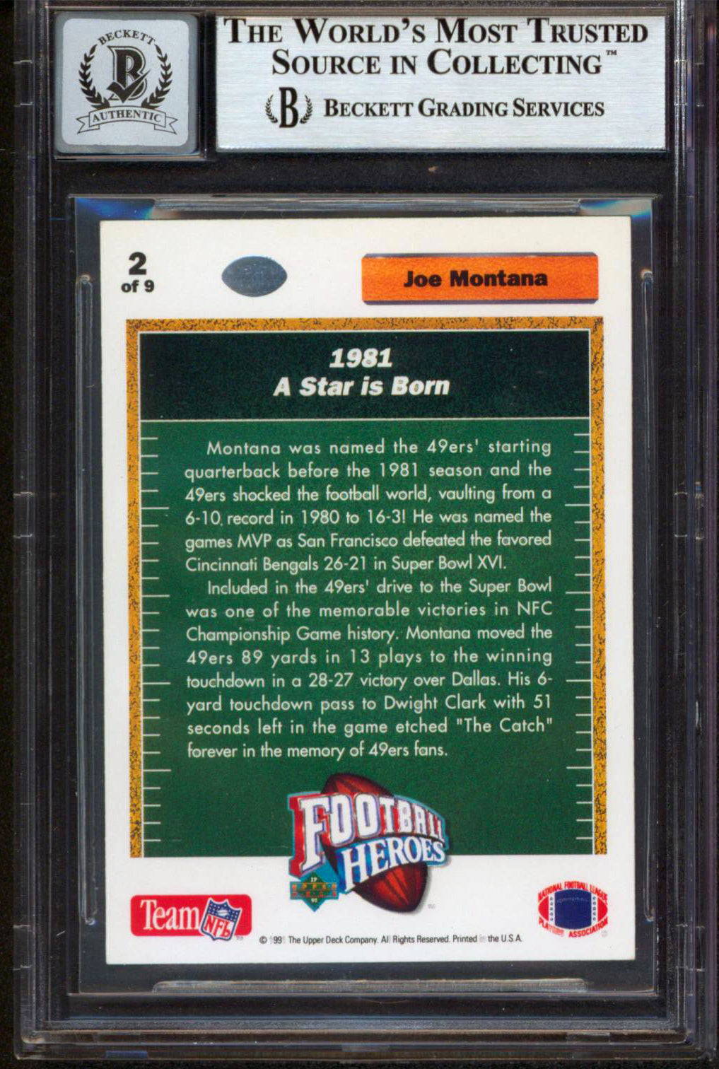49ers Joe Montana Signed 1991 Upper Deck Heroes #2 Card Auto Graded 10! BAS Slab