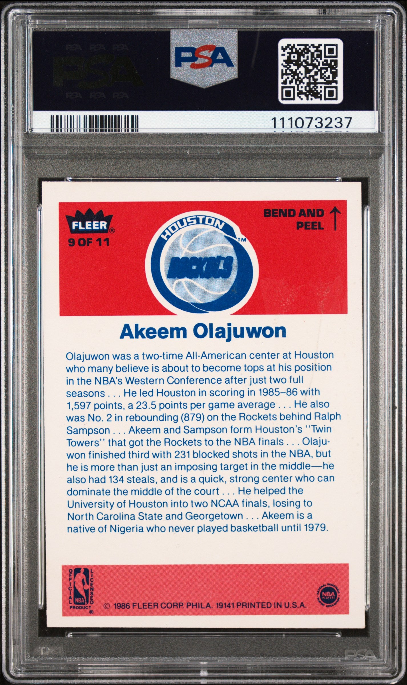 Magic Johnson Hakeem Olajuwon Signed 1986 Fleer Sticker #9 Card Auto 9 PSA Slab