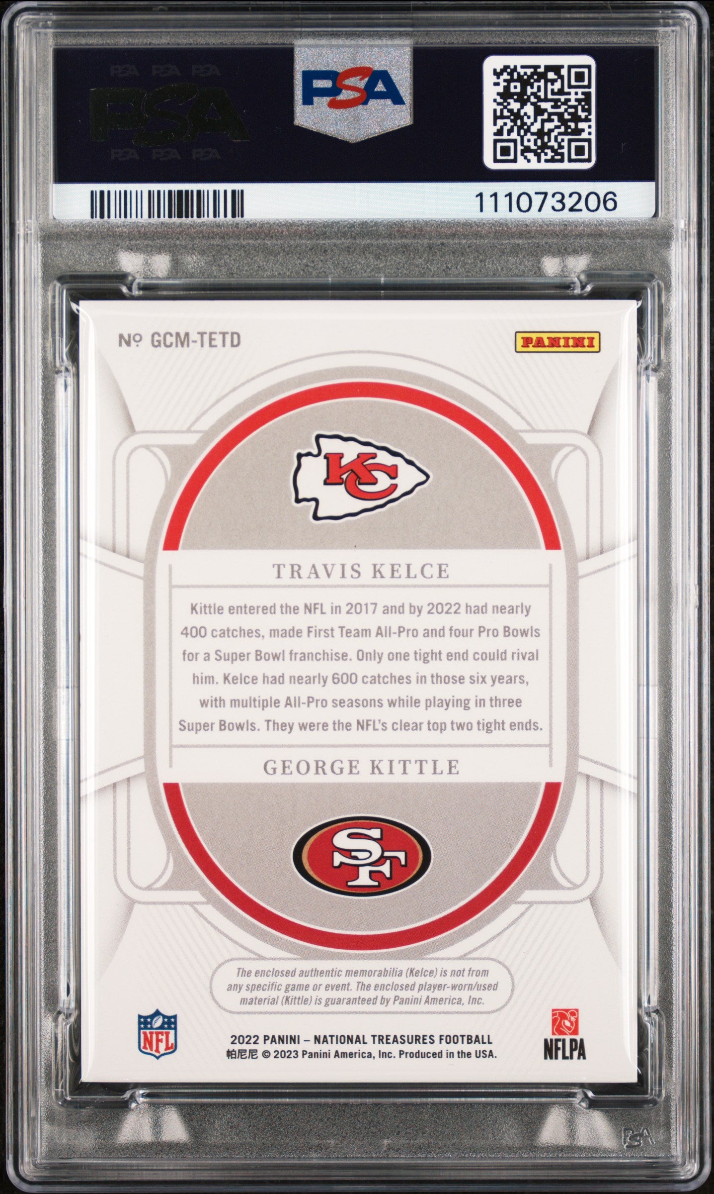 Travis Kelce & George Kittle Signed 2022 NT GC Mat #TETD Card Grade 9 PSA Slab 2