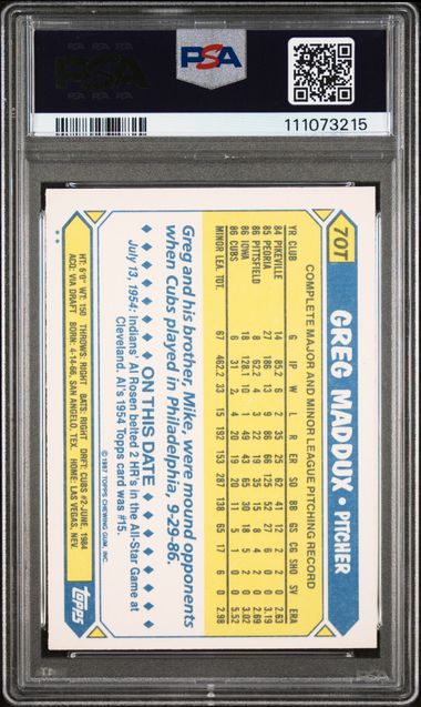 Cubs Greg Maddux Authentic Signed 1987 Topps Traded #70T Rookie Card PSA Slabbed