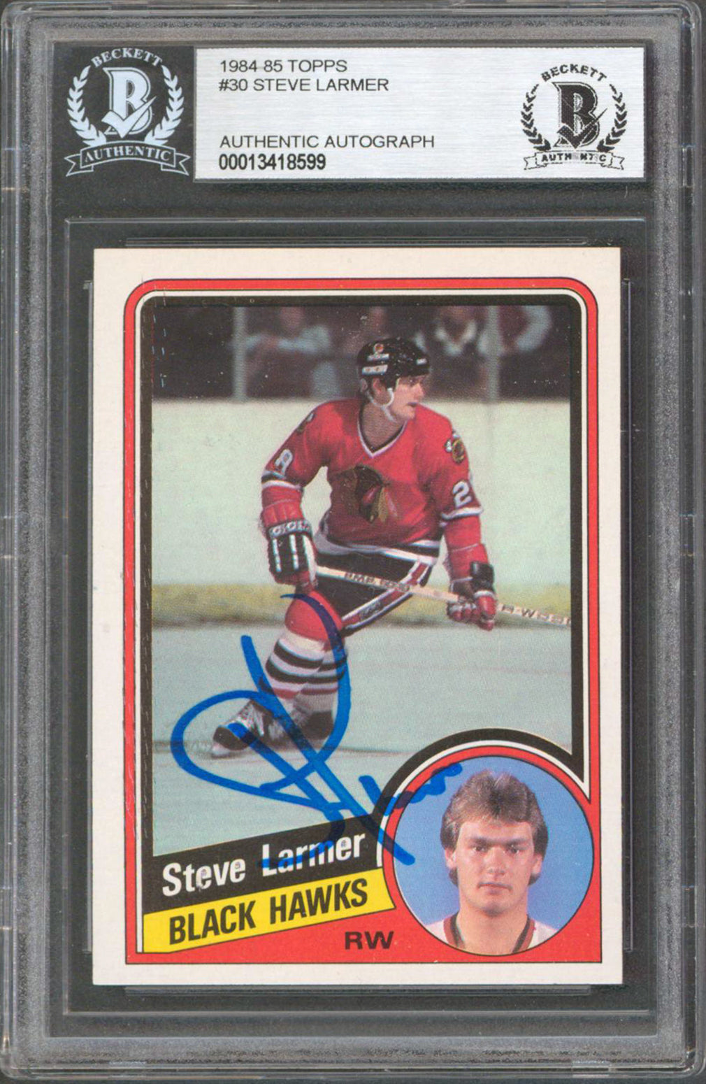 Blackhawks Steve Larmer Authentic Signed 1984 Topps #30 Card BAS Slabbed