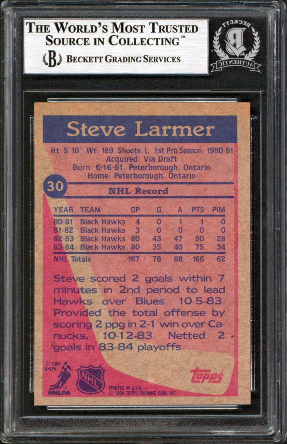 Blackhawks Steve Larmer Authentic Signed 1984 Topps #30 Card BAS Slabbed