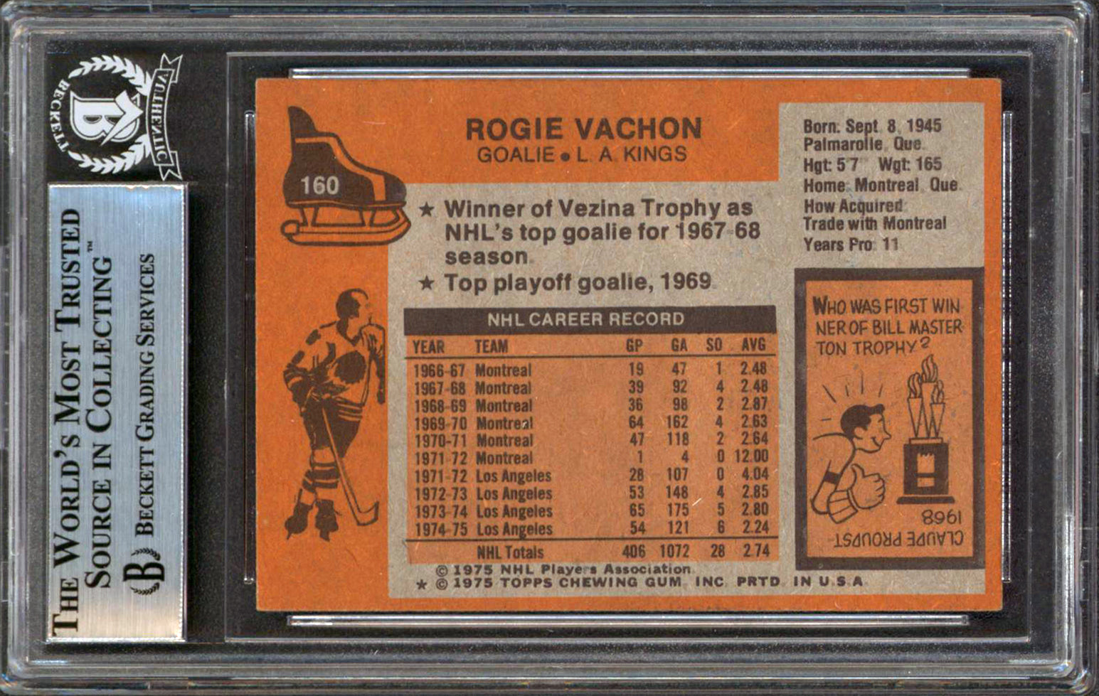Kings Rogatien Vachon Authentic Signed 1975 Topps #160 Card Autographed BAS Slab