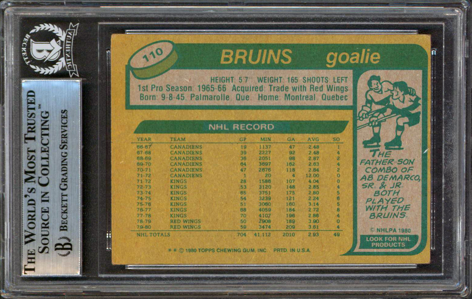 Bruins Rogatien Vachon Authentic Signed 1980 Topps #110 Card BAS Slabbed