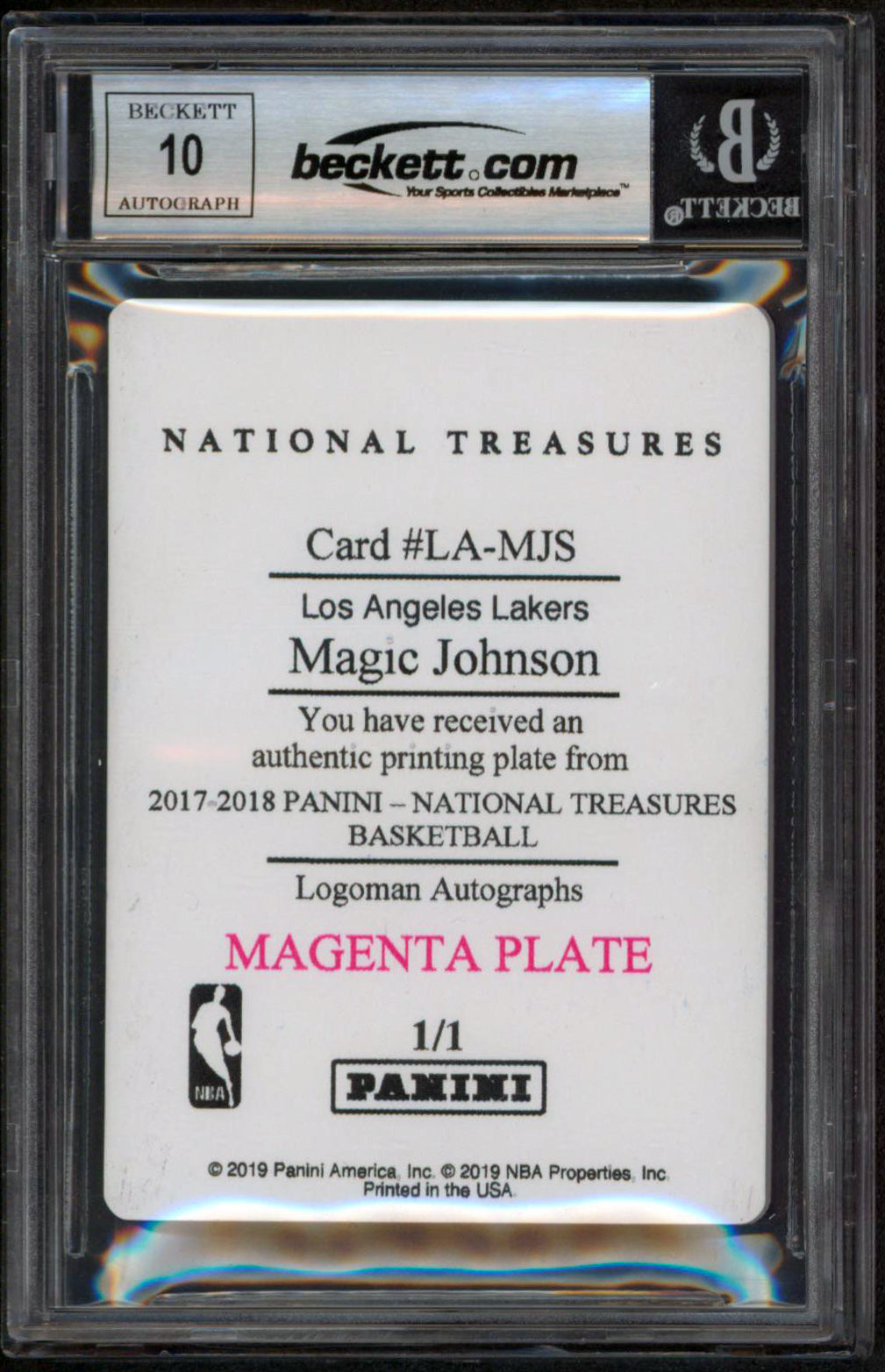 Magic Johnson 2017 National Treasures Logo Print Plate #24 Card Auto 10 BAS Slab
