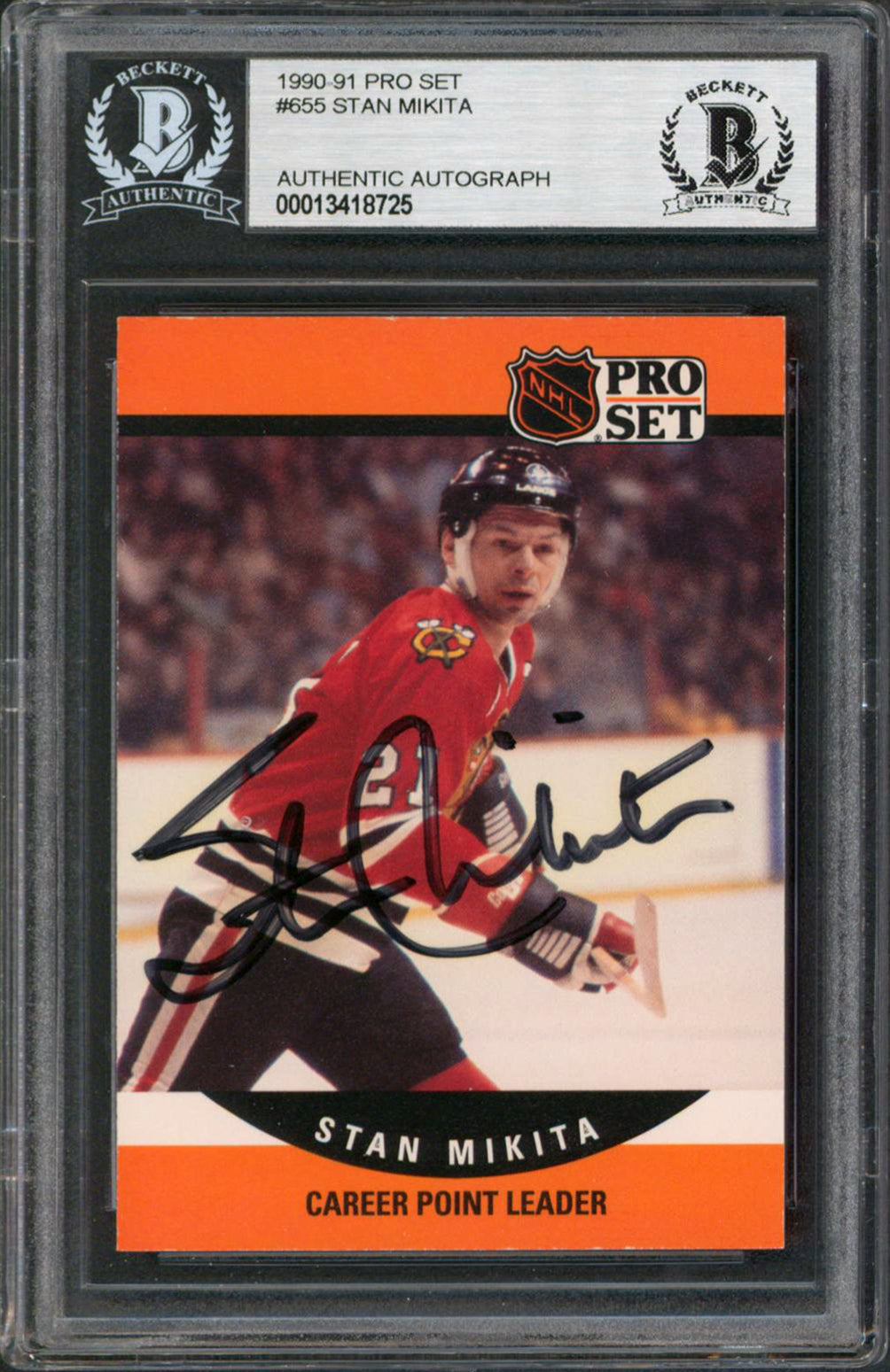 Blackhawks Stan Mikita Authentic Signed 1990 Pro Set #655 Card BAS Slabbed