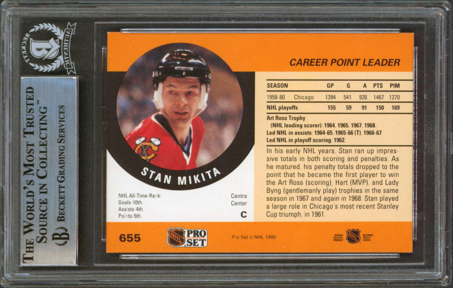 Blackhawks Stan Mikita Authentic Signed 1990 Pro Set #655 Card BAS Slabbed