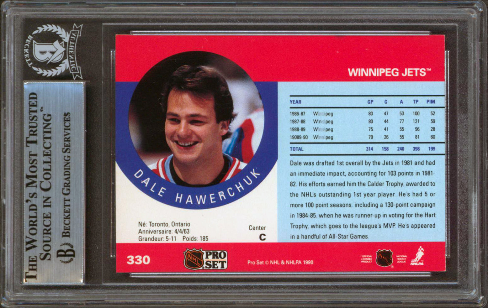 Jets Dale Hawerchuk Authentic Signed 1990 Pro Set #330B Card BAS Slabbed