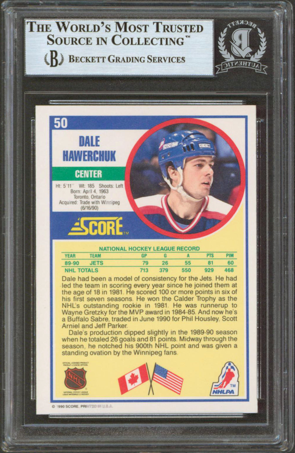 Jets Dale Hawerchuk Authentic Signed 1990 Score #50 Card Autographed BAS Slabbed