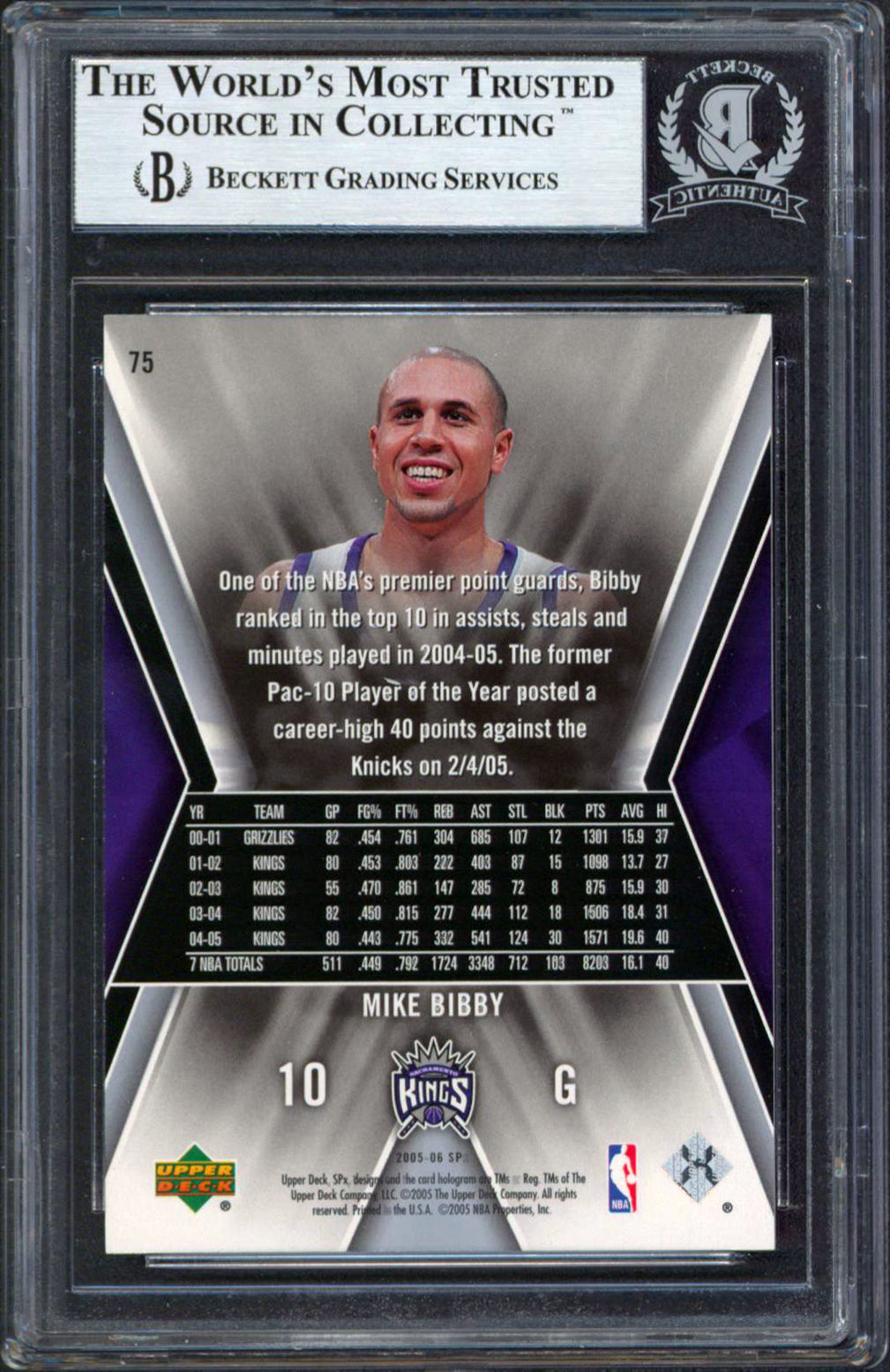 Kings Mike Bibby Authentic Signed 2005 SPX #75 Card Autographed BAS Slabbed