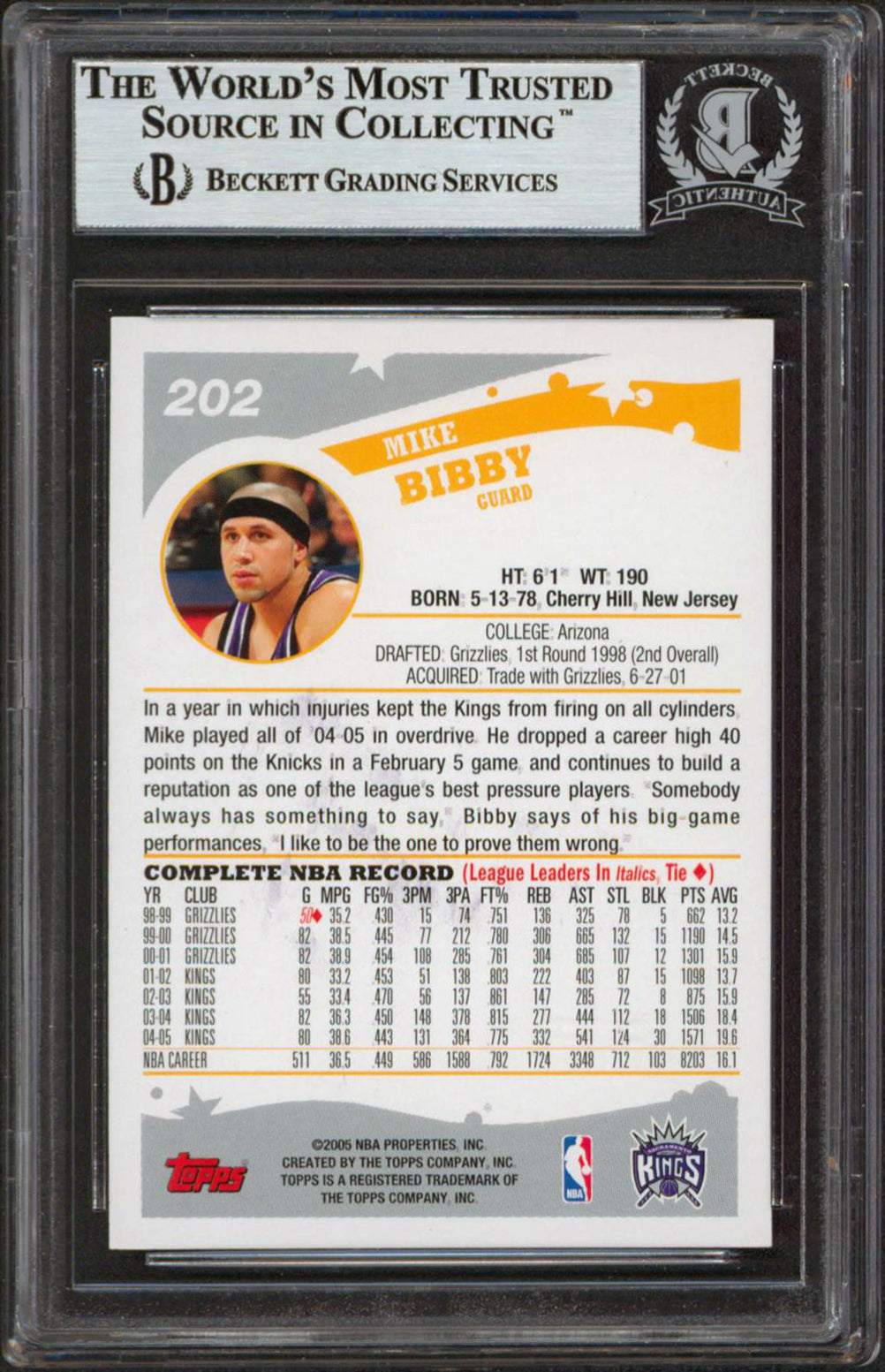 Kings Mike Bibby Authentic Signed 2005 Topps #202 Card Autographed BAS Slabbed